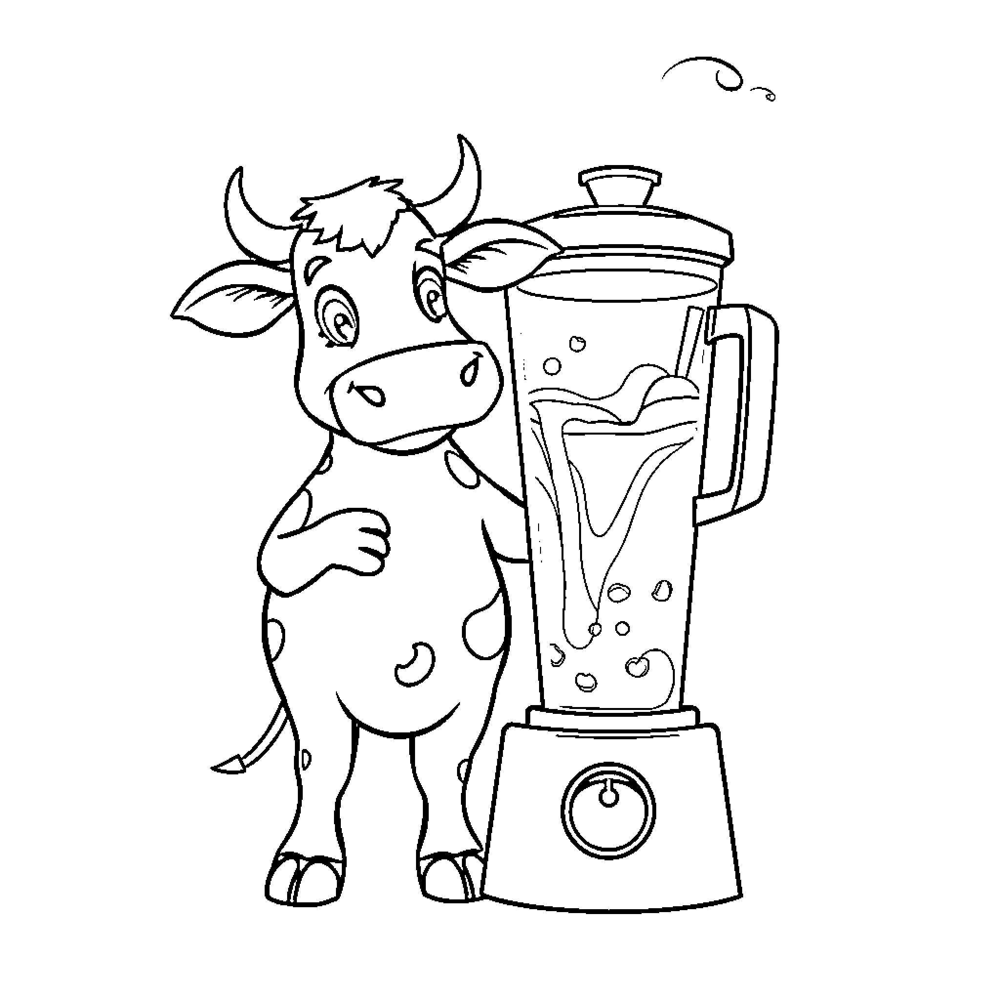 Cow using a blender Coloring Page (free black-and-white line drawing printable PDF for all, from beginners to advanced learners, including children, teens, adults, and seniors)