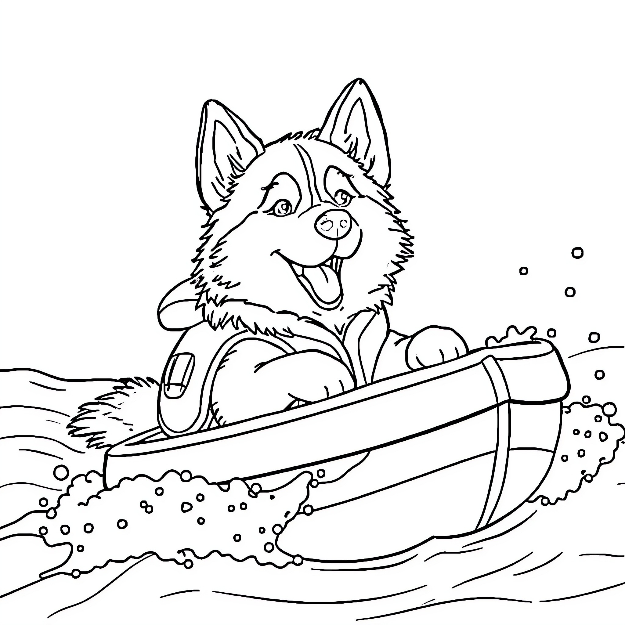 Husky playing happily in the snow Coloring Page (free black-and-white line drawing printable PDF for all, from beginners to advanced learners, including children, teens, adults, and seniors)