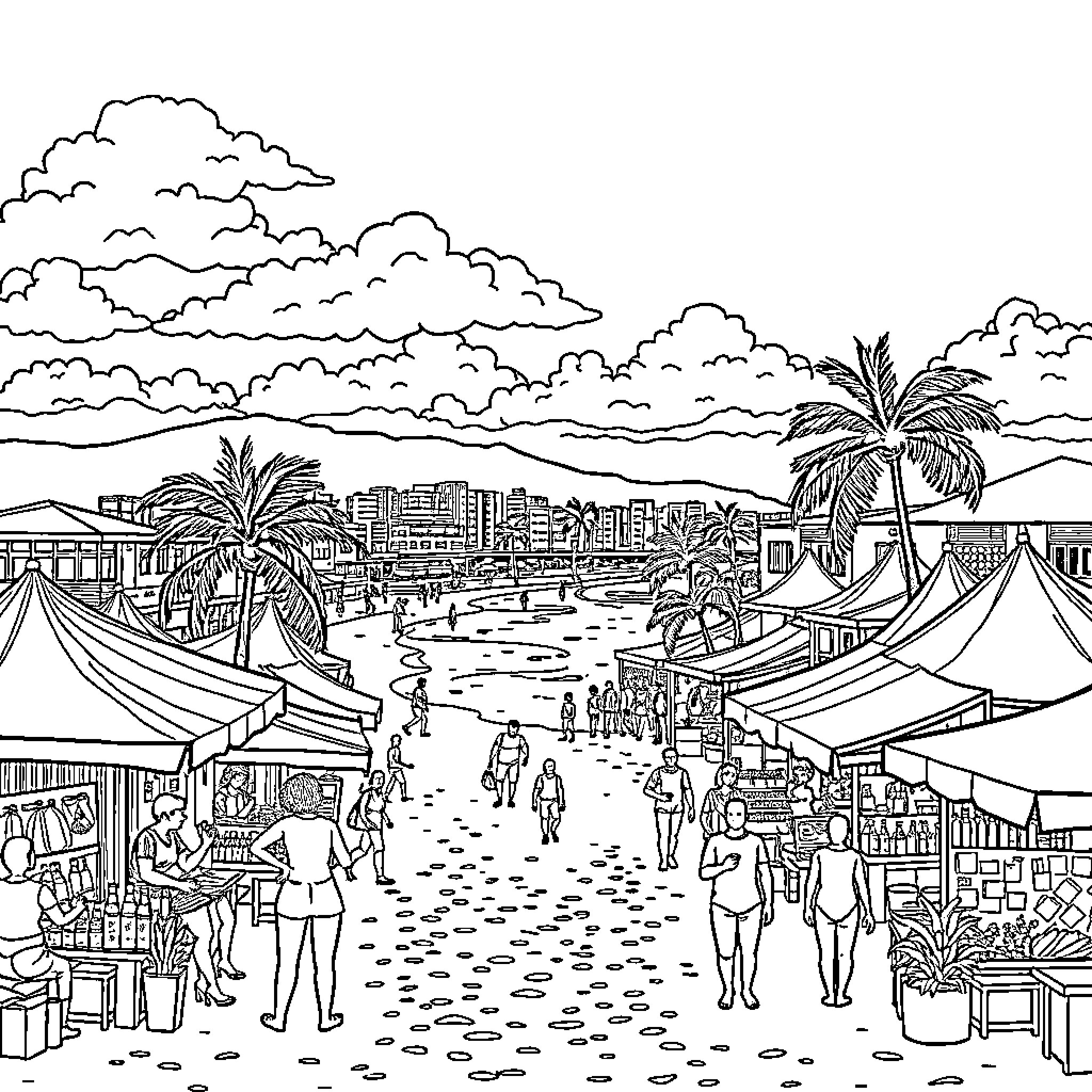 Natrang: Vibrant Marketplace with Bustling Activity Coloring Page (free black-and-white line drawing printable PDF for all, from beginners to advanced learners, including children, teens, adults, and seniors)