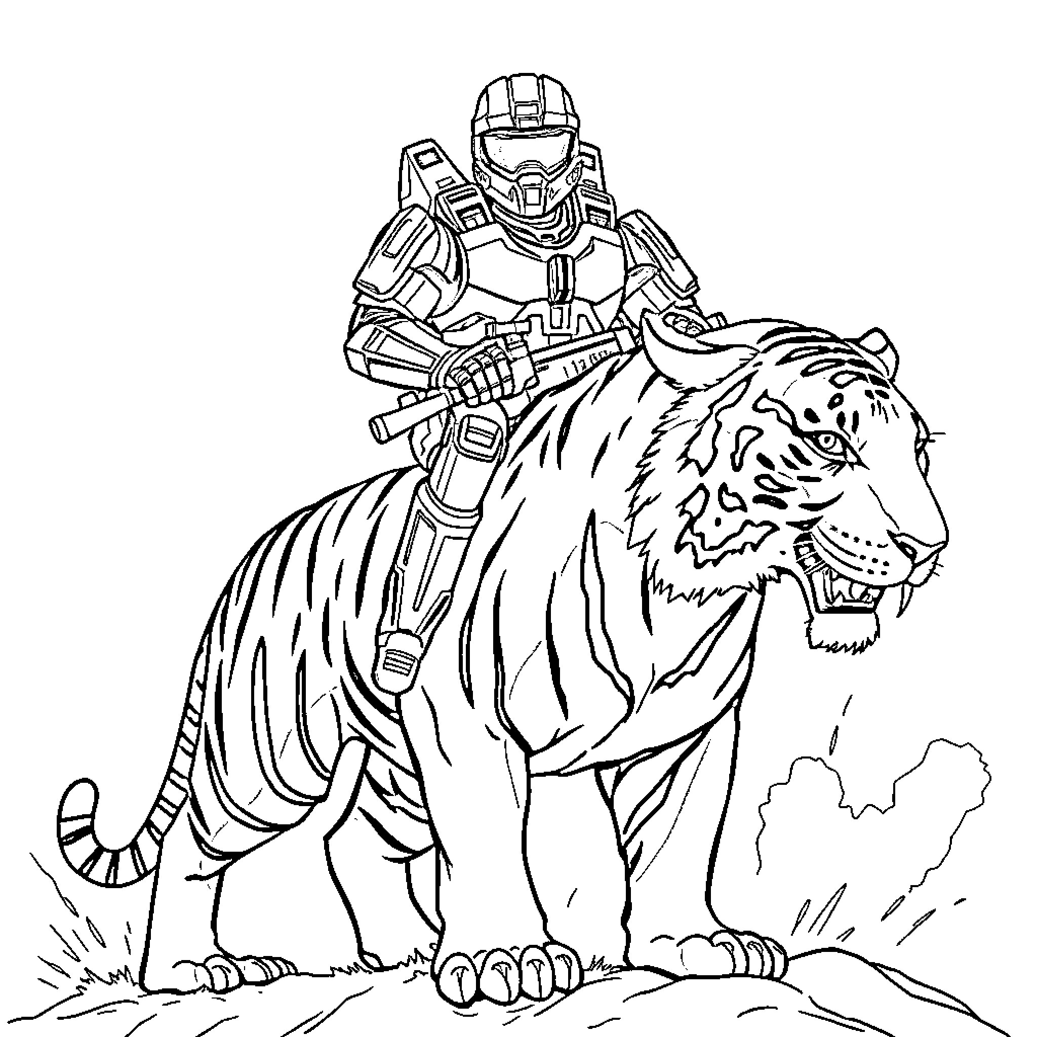 Master Chief riding a powerful tiger in action Coloring Page (free black-and-white line drawing printable PDF for all, from beginners to advanced learners, including children, teens, adults, and seniors)