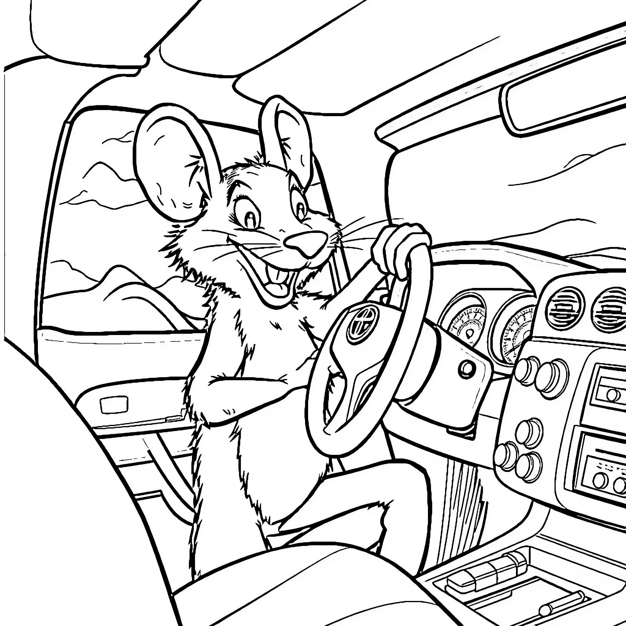Ratfink driving a car in the wilderness Coloring Page (free black-and-white line drawing printable PDF for all, from beginners to advanced learners, including children, teens, adults, and seniors)