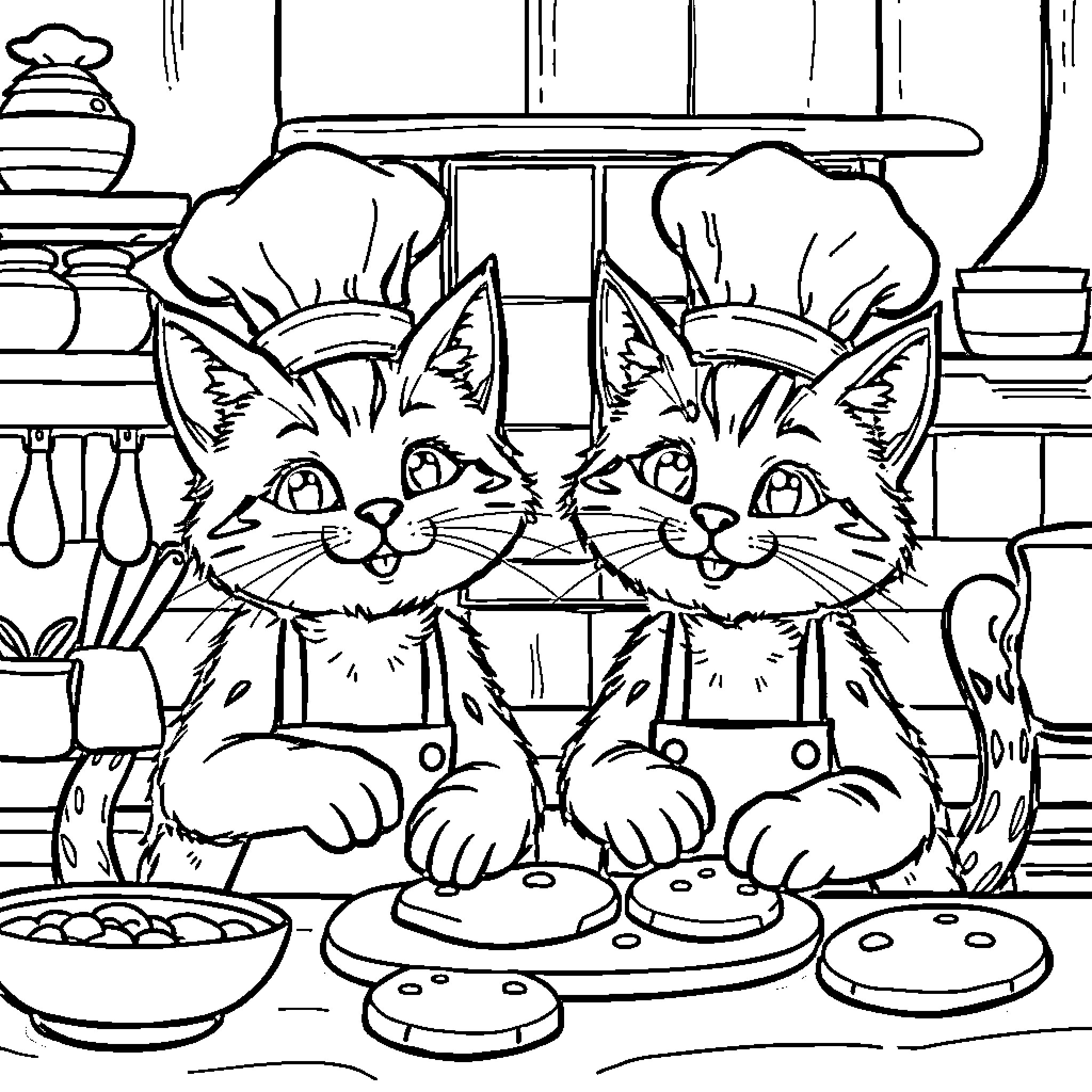 Cats Cooking in the Kitchen Coloring Page (free black-and-white line drawing printable PDF for all, from beginners to advanced learners, including children, teens, adults, and seniors)
