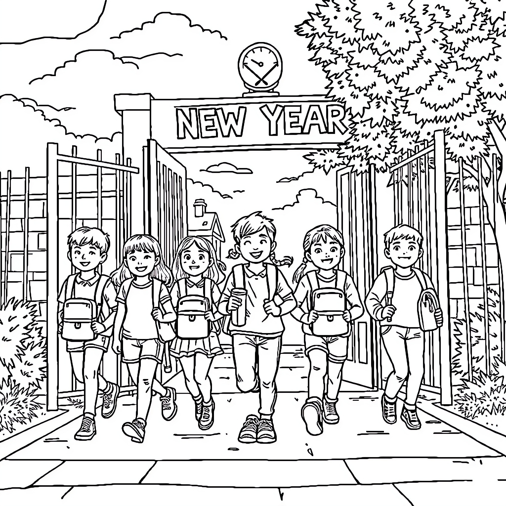 School Kids Celebrating New Year Outdoors Coloring Page (free black-and-white line drawing printable PDF for all, from beginners to advanced learners, including children, teens, adults, and seniors)