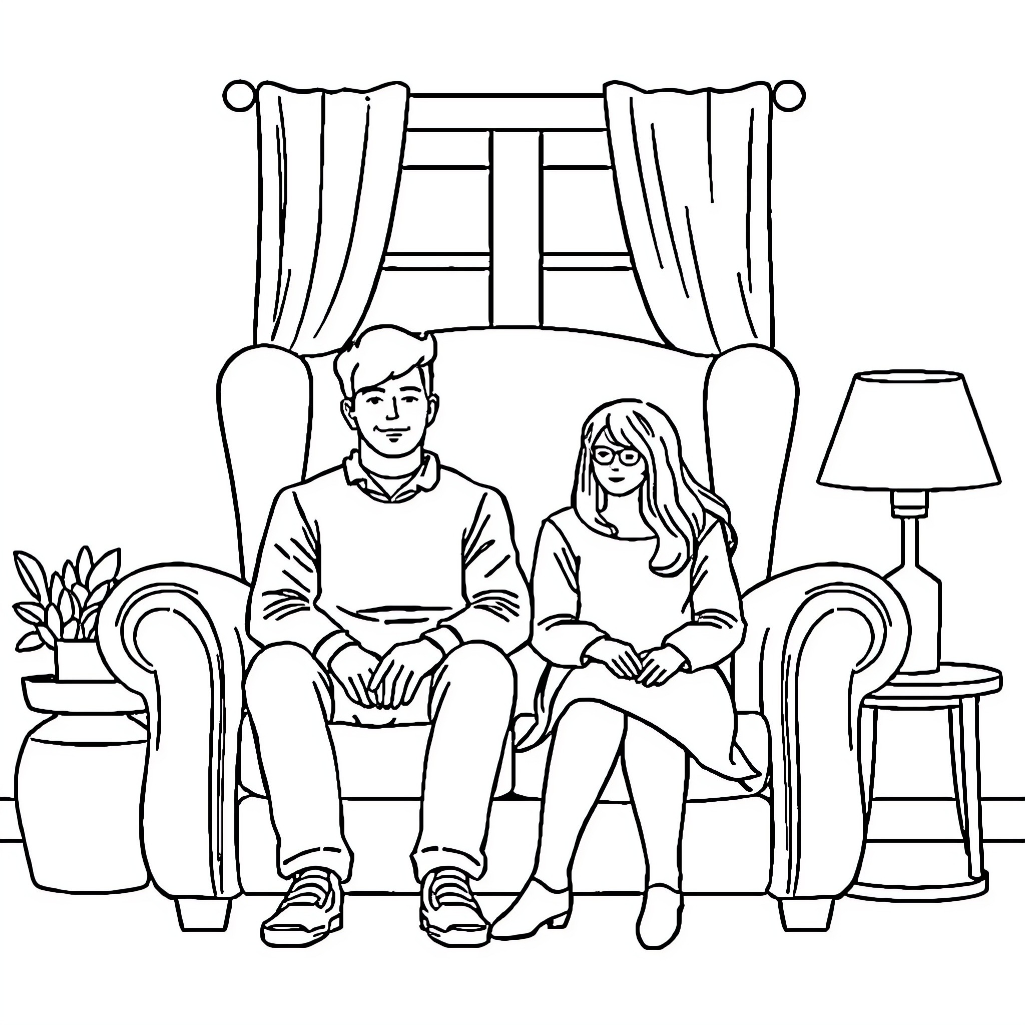 Person sitting on couch with another person Coloring Page (free black-and-white line drawing printable PDF for all, from beginners to advanced learners, including children, teens, adults, and seniors)