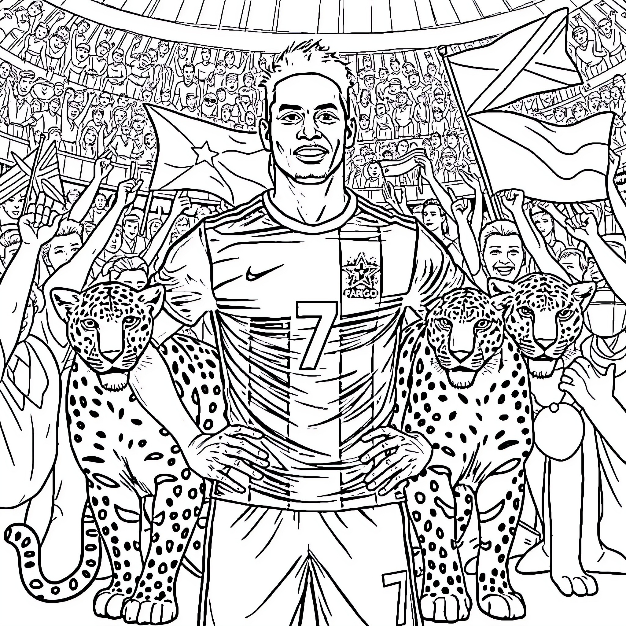 Cr7 Soccer Star Surrounded by Fans and Wildlife Coloring Page (free black-and-white line drawing printable PDF for all, from beginners to advanced learners, including children, teens, adults, and seniors)