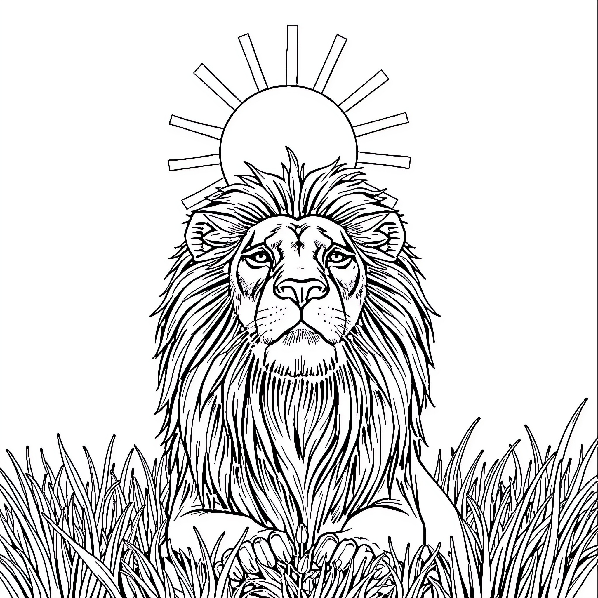 Sun and Lion Resting in Lush Grass Coloring Page (free black-and-white line drawing printable PDF for all, from beginners to advanced learners, including children, teens, adults, and seniors)