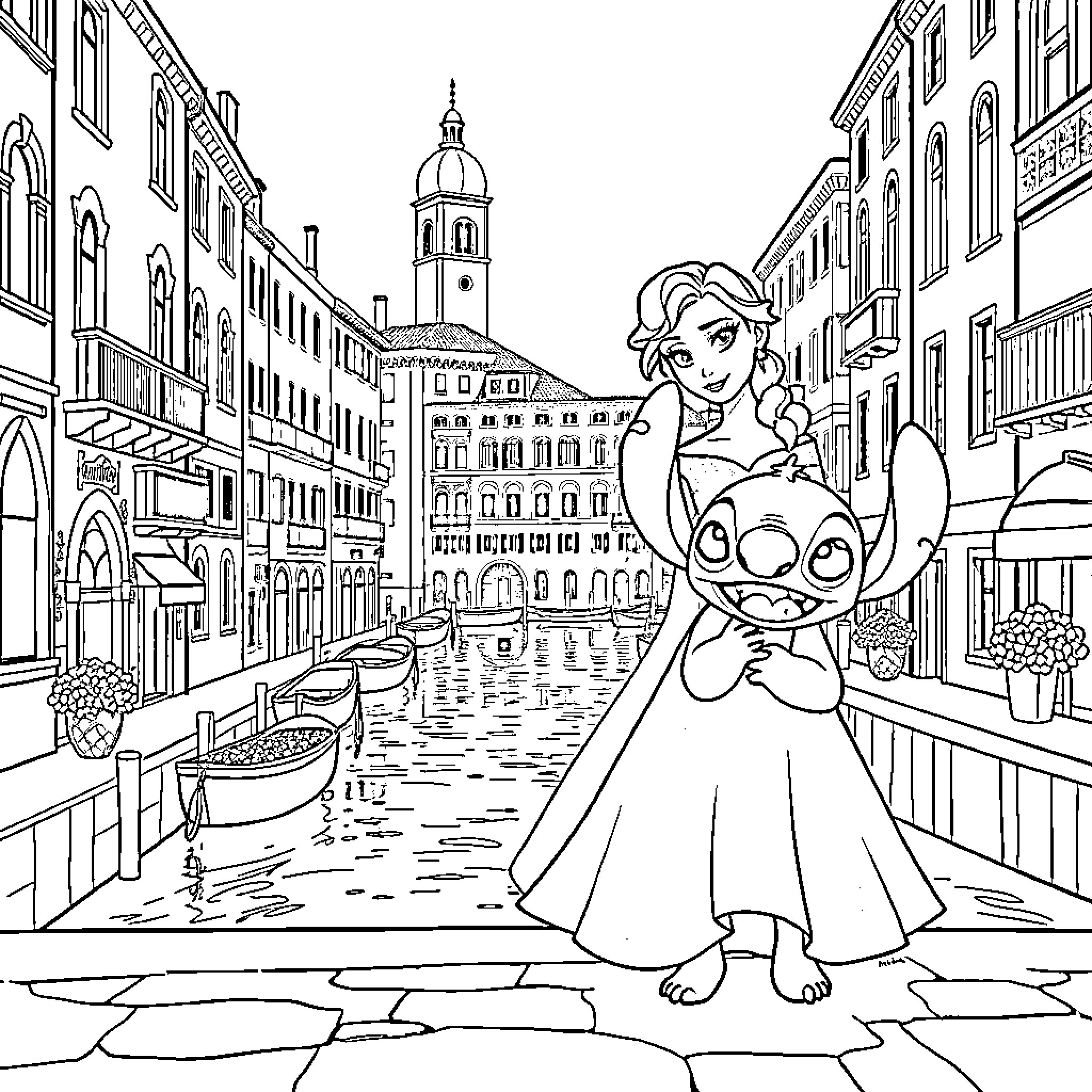 Elsa and Stitch explore the Venetian canals Coloring Page (free black-and-white line drawing printable PDF for all, from beginners to advanced learners, including children, teens, adults, and seniors)