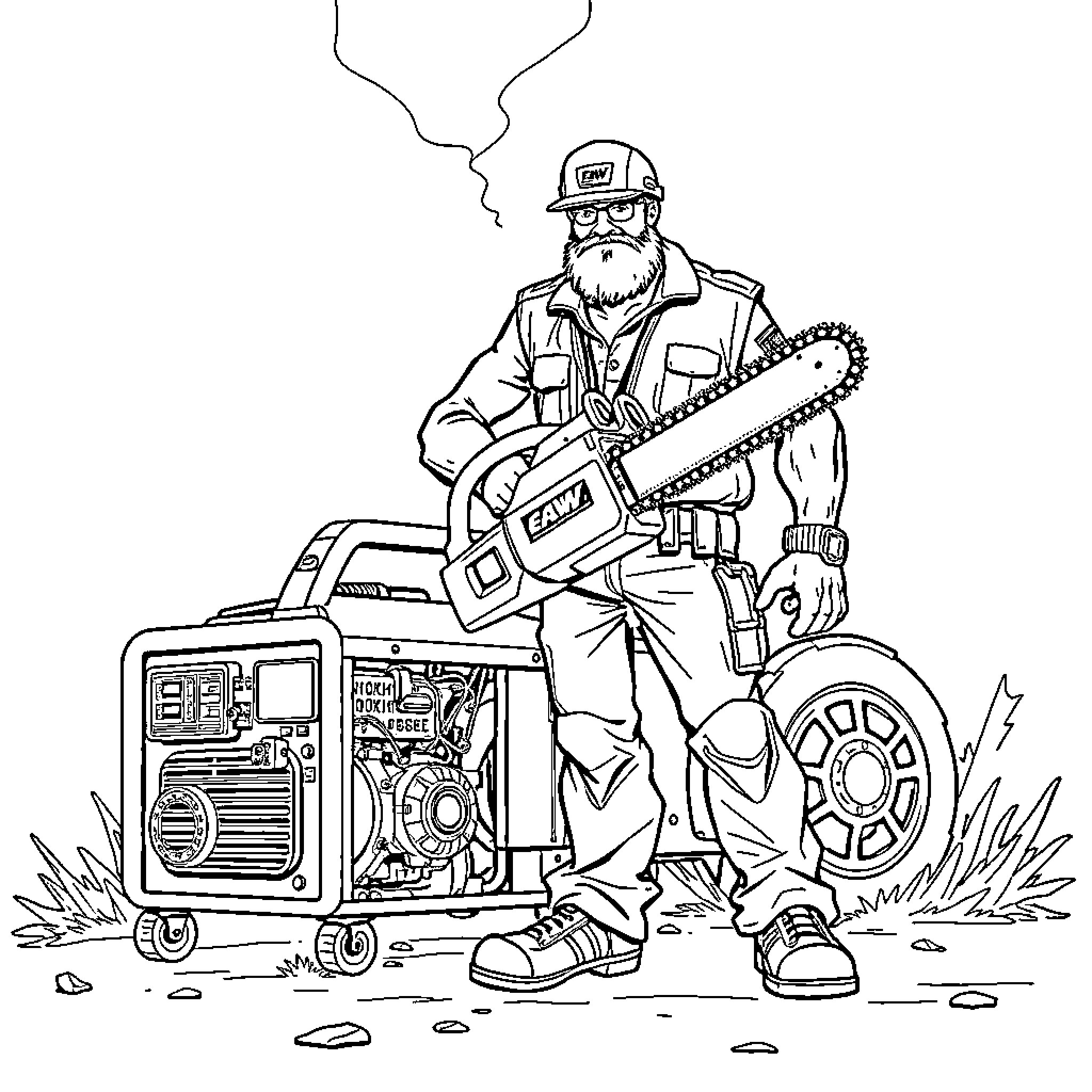 Chainsaw Man operating heavy machinery in the field Coloring Page (free black-and-white line drawing printable PDF for all, from beginners to advanced learners, including children, teens, adults, and seniors)