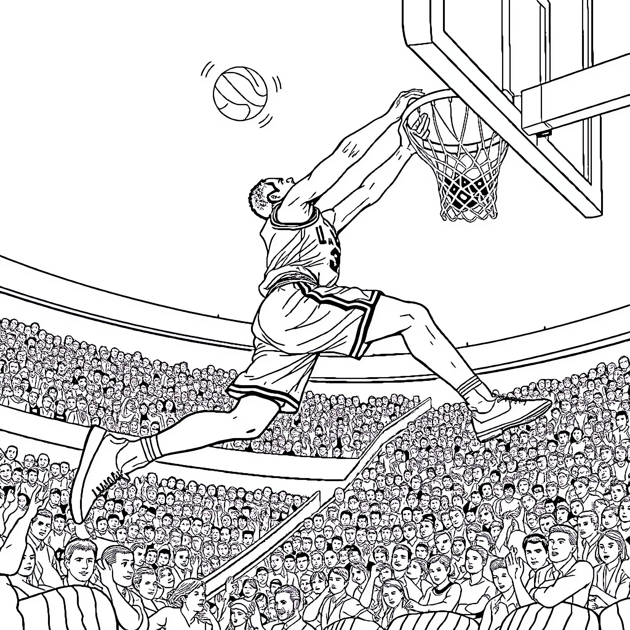 Jordan's Slam Dunk Wows the Crowd Coloring Page (free black-and-white line drawing printable PDF for all, from beginners to advanced learners, including children, teens, adults, and seniors)