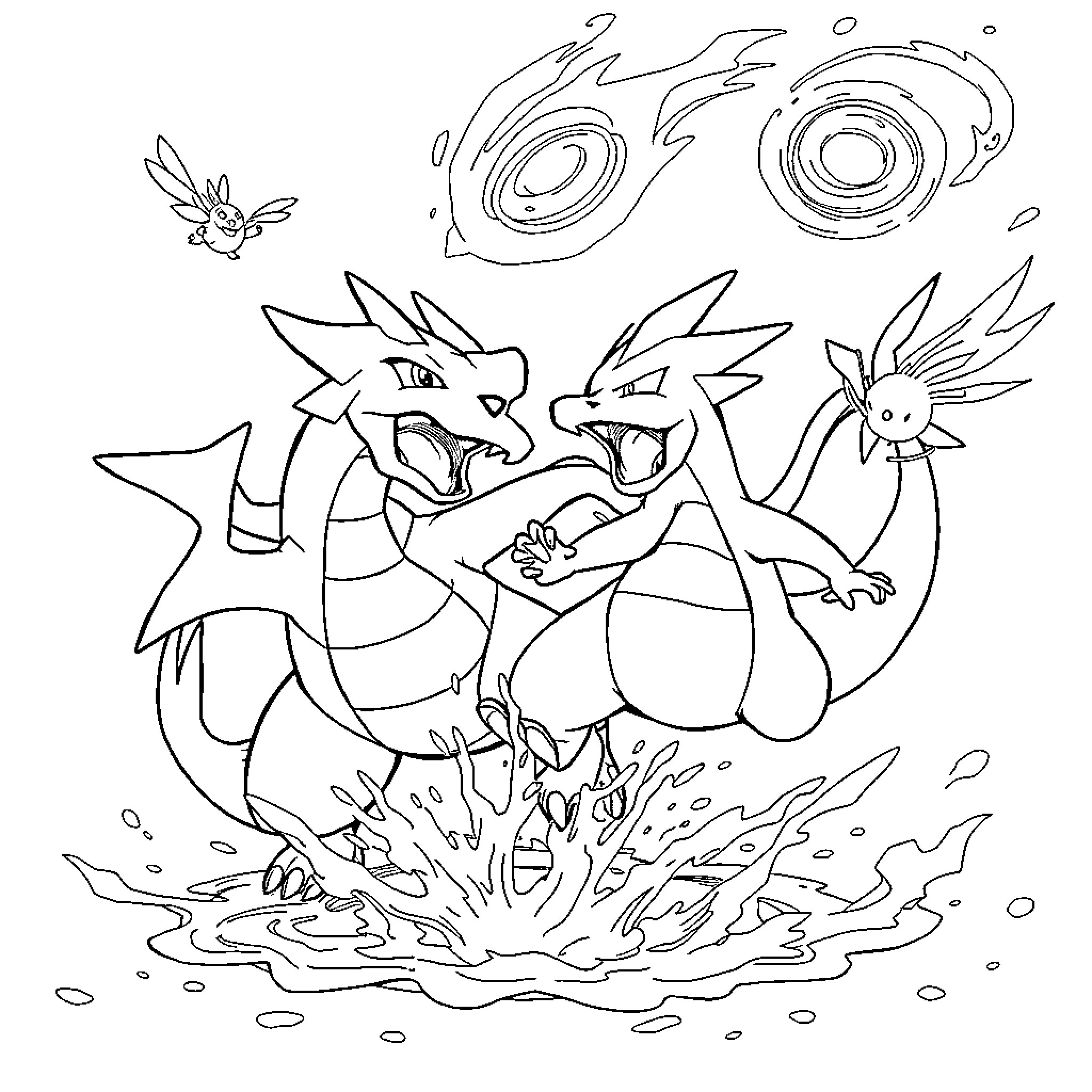 Pokémon characters engaged in a lively battle Coloring Page (free black-and-white line drawing printable PDF for all, from beginners to advanced learners, including children, teens, adults, and seniors)