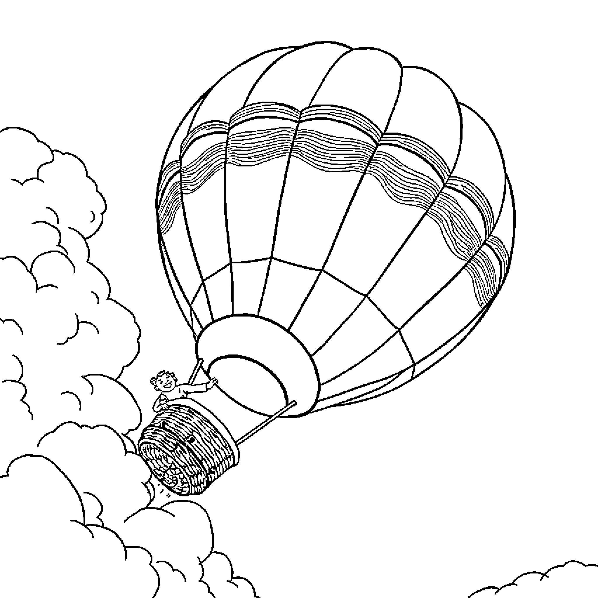 Hot Air Balloon Ascending Through Cloudy Skies Coloring Page (free black-and-white line drawing printable PDF for all, from beginners to advanced learners, including children, teens, adults, and seniors)