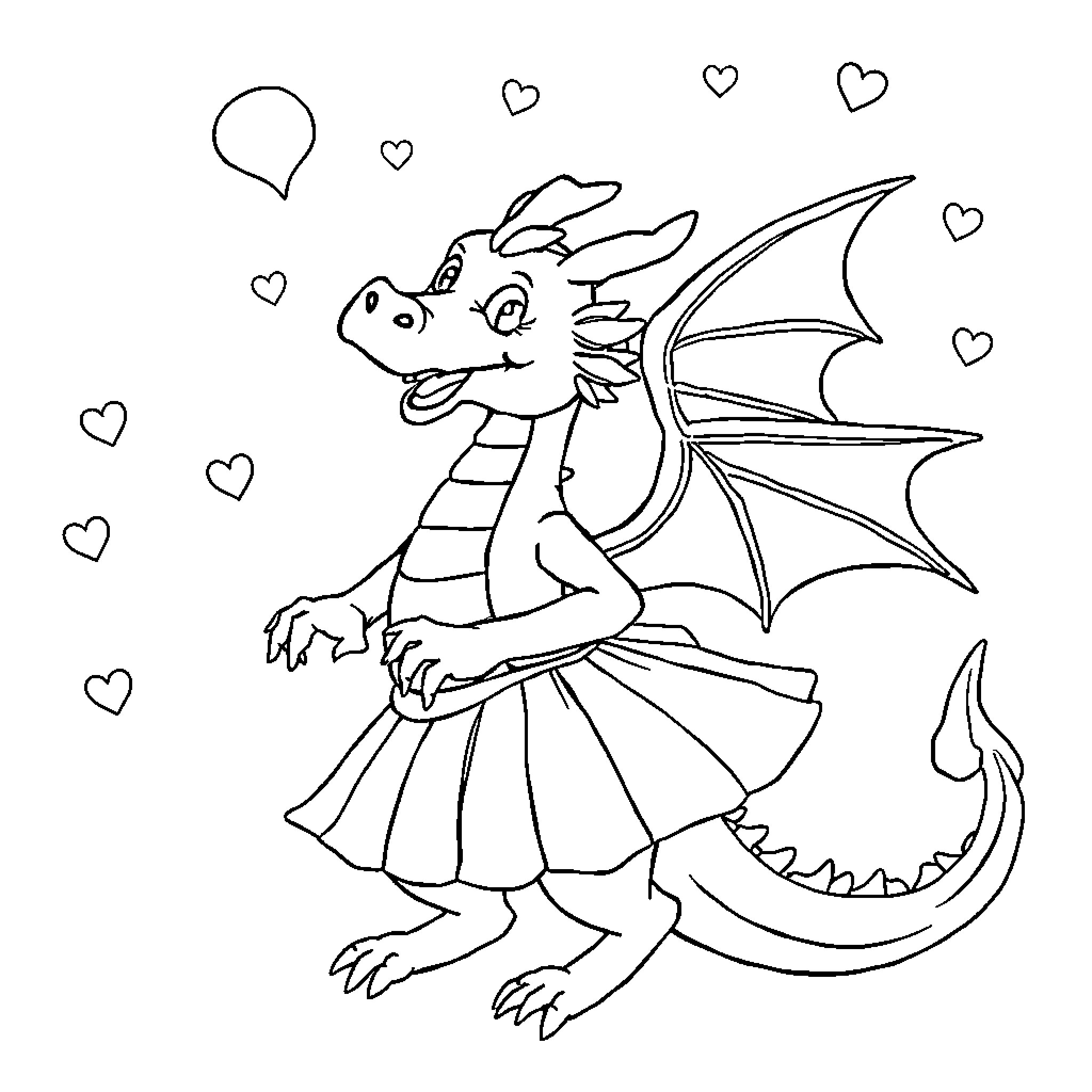 Dragon dancing joyfully with hearts Coloring Page (free black-and-white line drawing printable PDF for all, from beginners to advanced learners, including children, teens, adults, and seniors)
