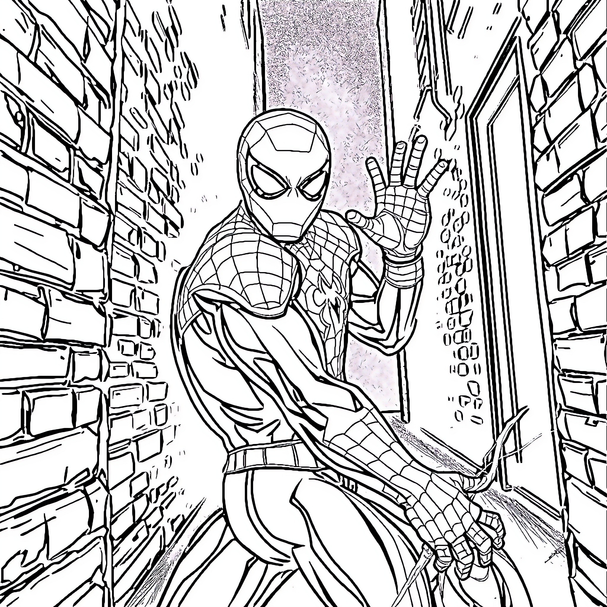 Spiderman fighting in the city streets Coloring Page (free black-and-white line drawing printable PDF for all, from beginners to advanced learners, including children, teens, adults, and seniors)