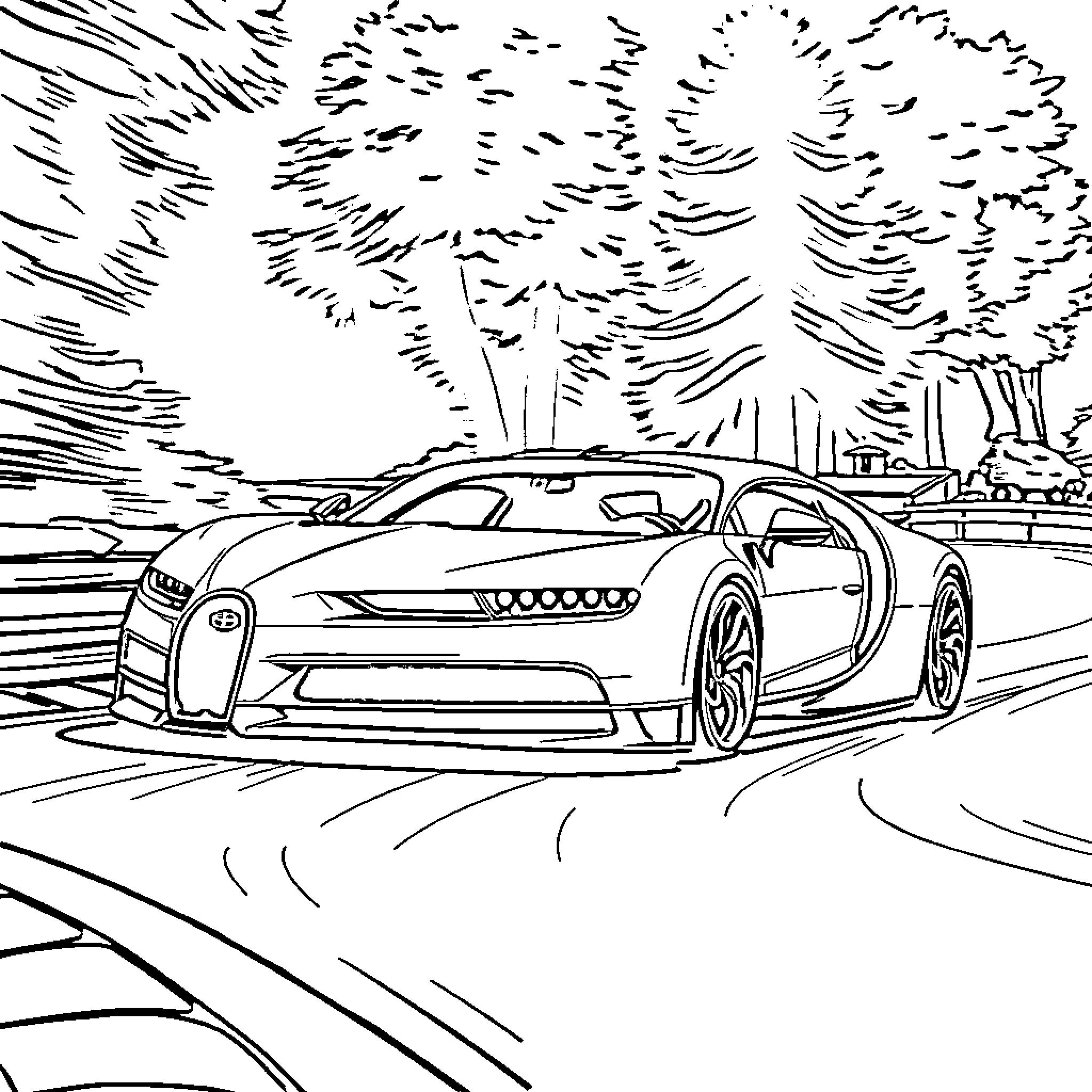 Bugatti sports car racing on winding road Coloring Page (free black-and-white line drawing printable PDF for all, from beginners to advanced learners, including children, teens, adults, and seniors)