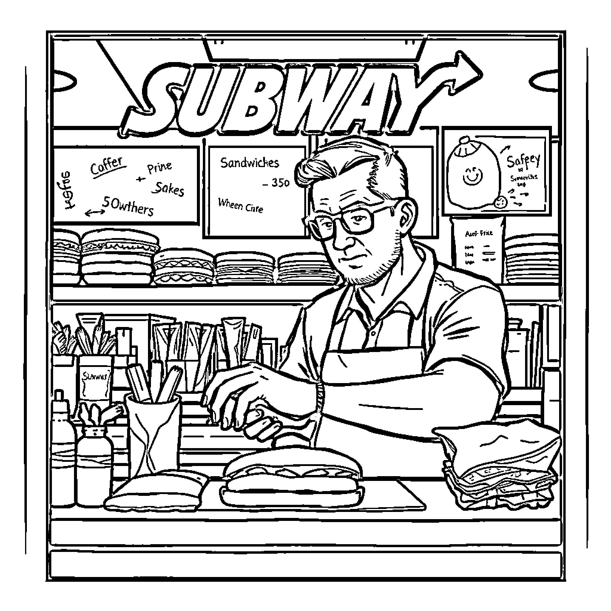 Guy working behind the counter at a Subway sandwich shop Coloring Page (free black-and-white line drawing printable PDF for all, from beginners to advanced learners, including children, teens, adults, and seniors)