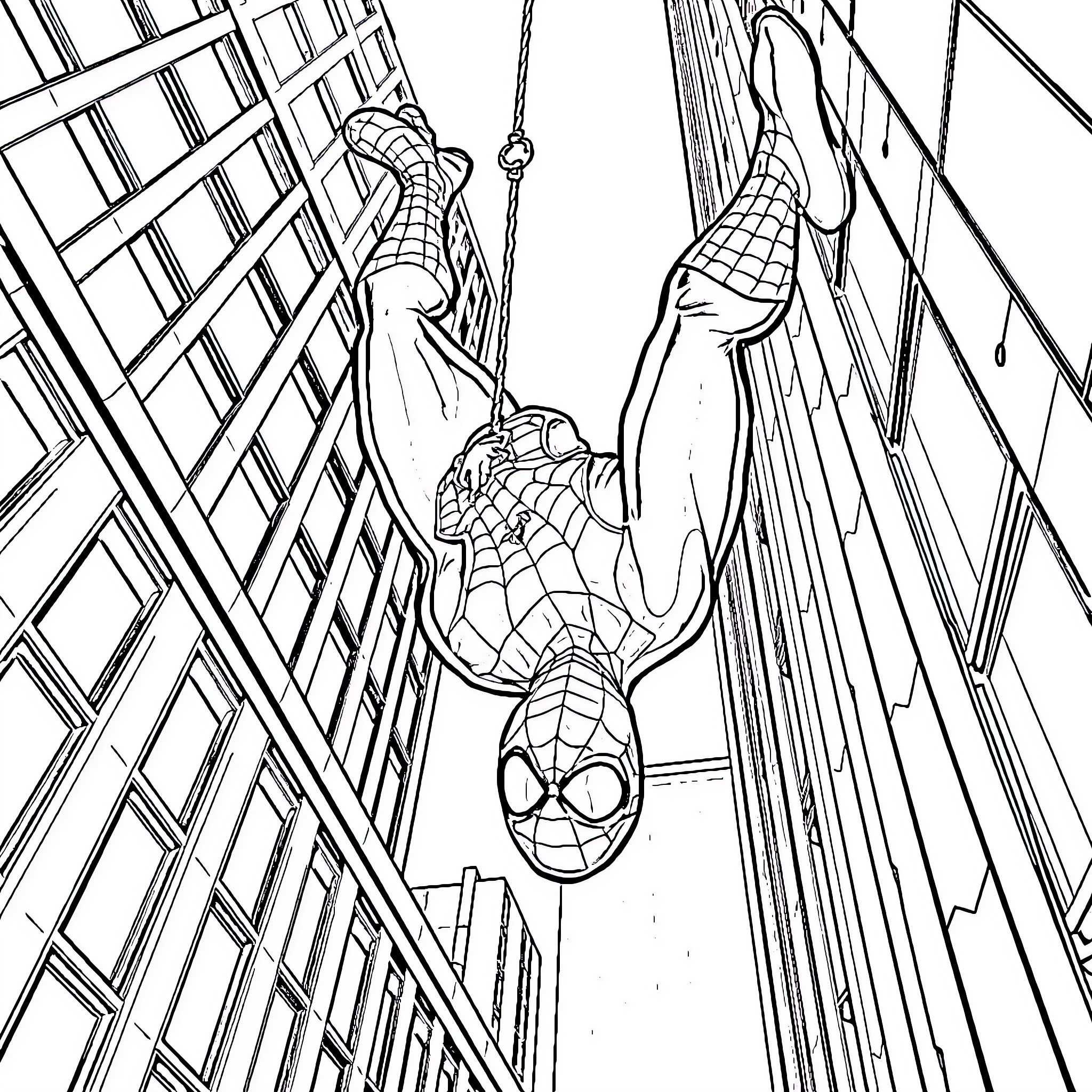 Spiderman swinging between buildings in the city Coloring Page (free black-and-white line drawing printable PDF for all, from beginners to advanced learners, including children, teens, adults, and seniors)