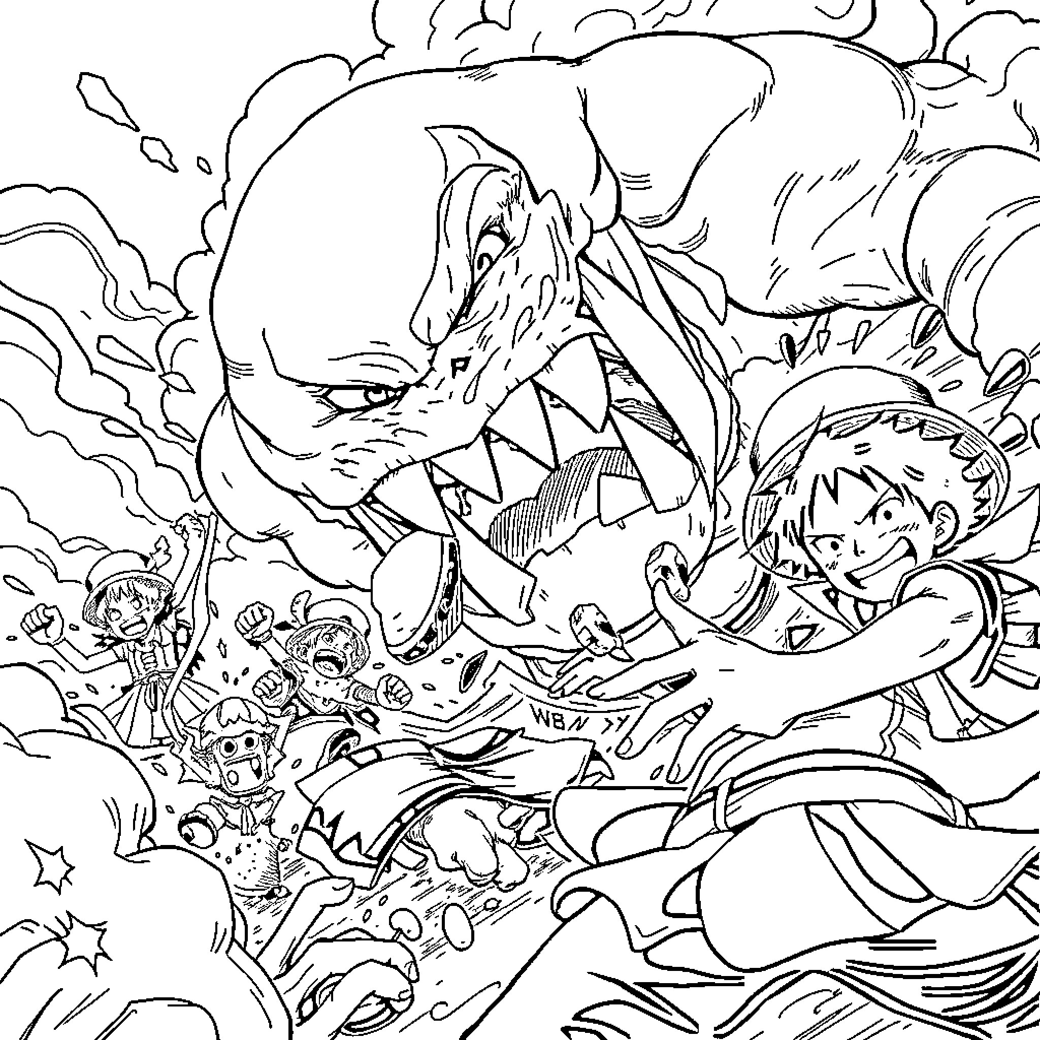 One Piece: Epic Confrontation of Extraordinary Characters Coloring Page (free black-and-white line drawing printable PDF for all, from beginners to advanced learners, including children, teens, adults, and seniors)
