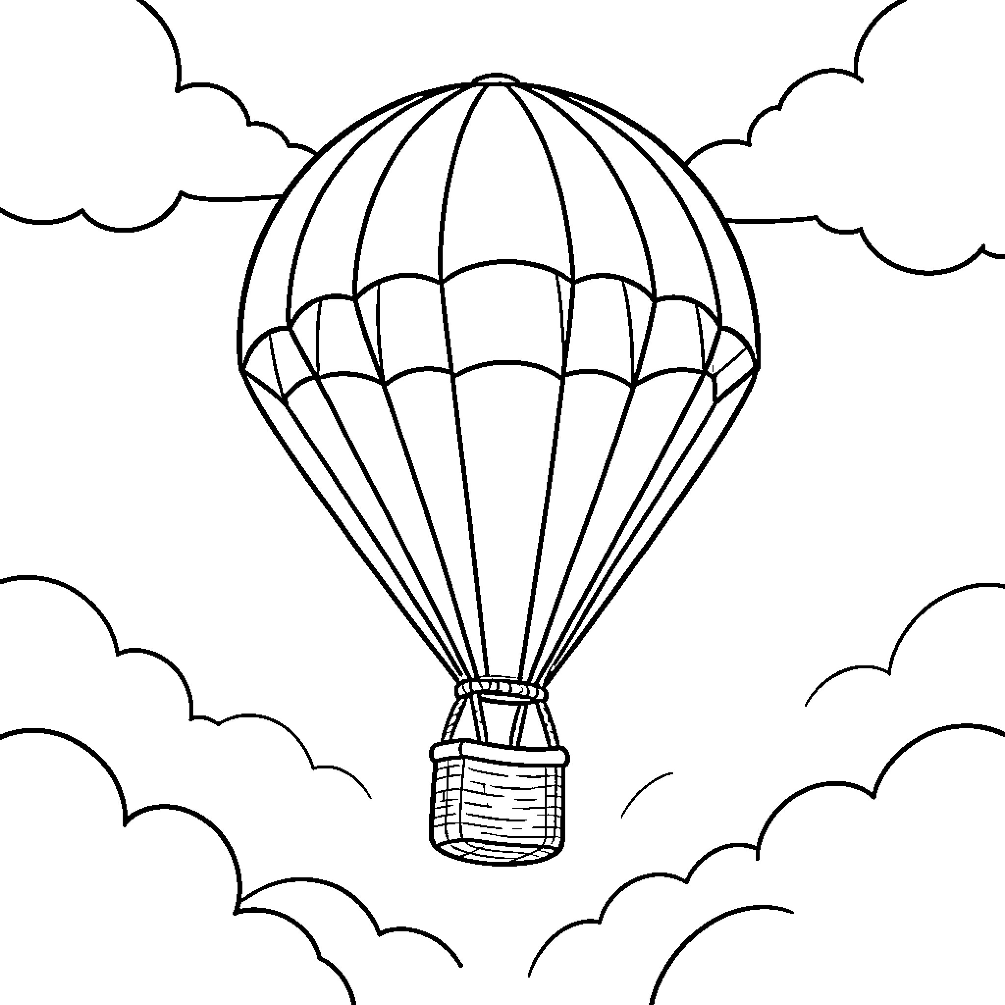 Parachute floating in the sky Coloring Page (free black-and-white line drawing printable PDF for all, from beginners to advanced learners, including children, teens, adults, and seniors)