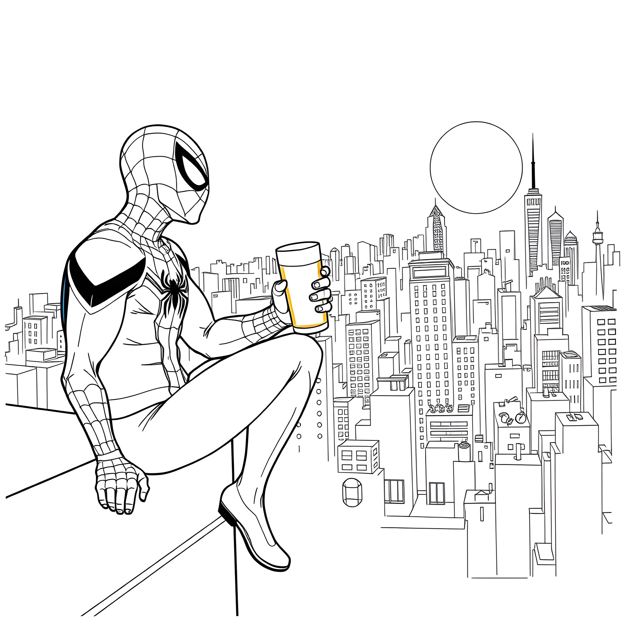 Spider-Man swinging through a city skyline Coloring Page (free black-and-white line drawing printable PDF for all, from beginners to advanced learners, including children, teens, adults, and seniors)