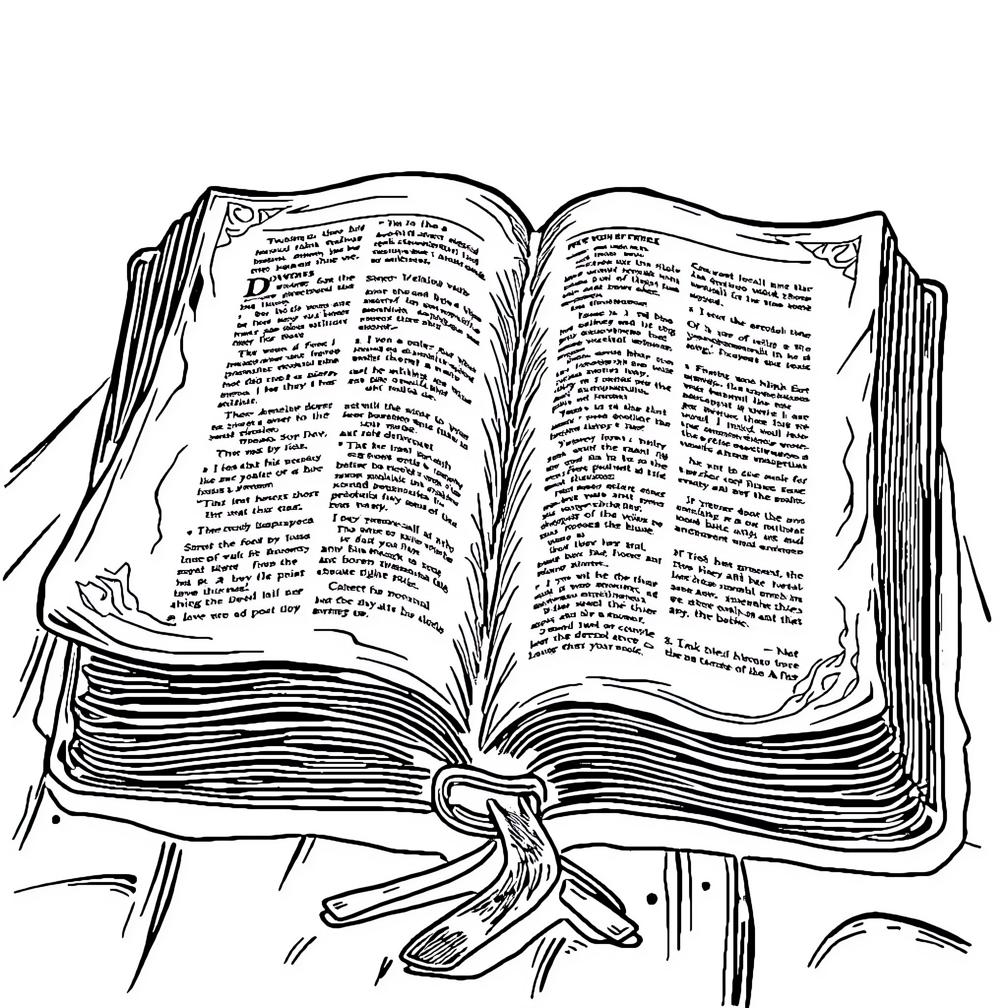 Bible open to holy scripture pages Coloring Page (free black-and-white line drawing printable PDF for all, from beginners to advanced learners, including children, teens, adults, and seniors)