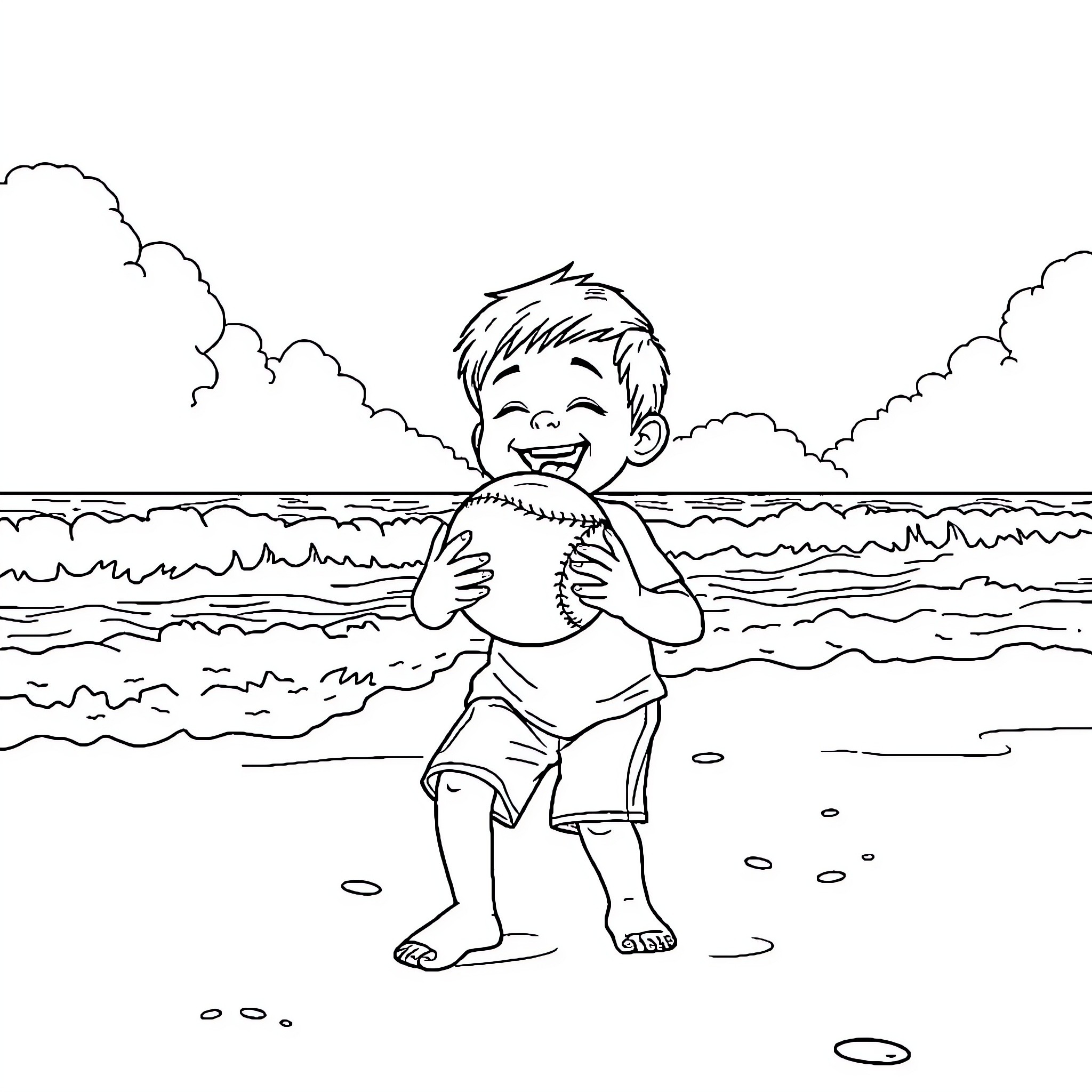 Kid playing happily at the beach Coloring Page (free black-and-white line drawing printable PDF for all, from beginners to advanced learners, including children, teens, adults, and seniors)
