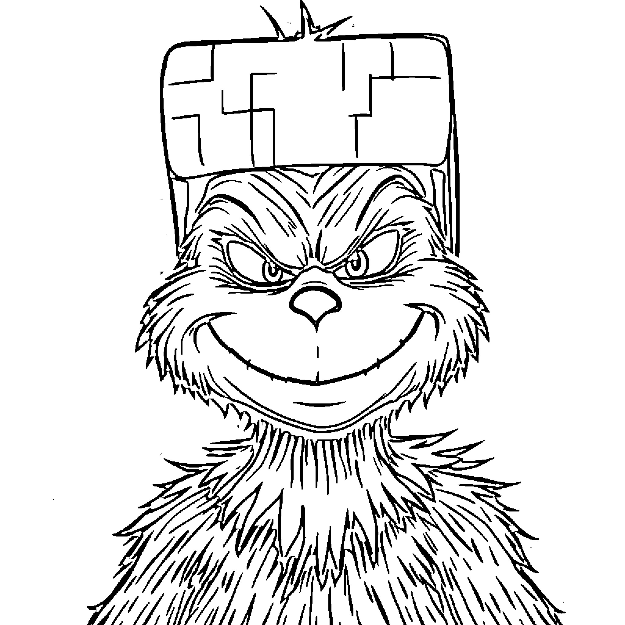 Grinch's Mischievous Grin and Furry Facade Coloring Page (free black-and-white line drawing printable PDF for all, from beginners to advanced learners, including children, teens, adults, and seniors)