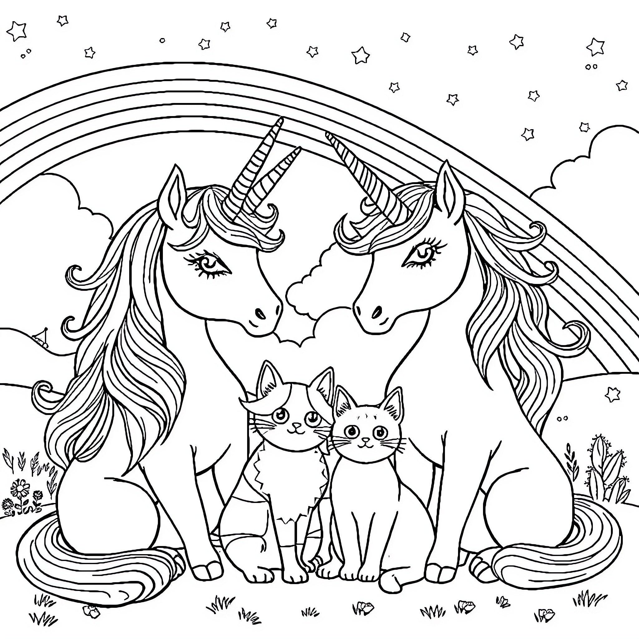 Unicorn friends with kittens in magical landscape Coloring Page (free black-and-white line drawing printable PDF for all, from beginners to advanced learners, including children, teens, adults, and seniors)