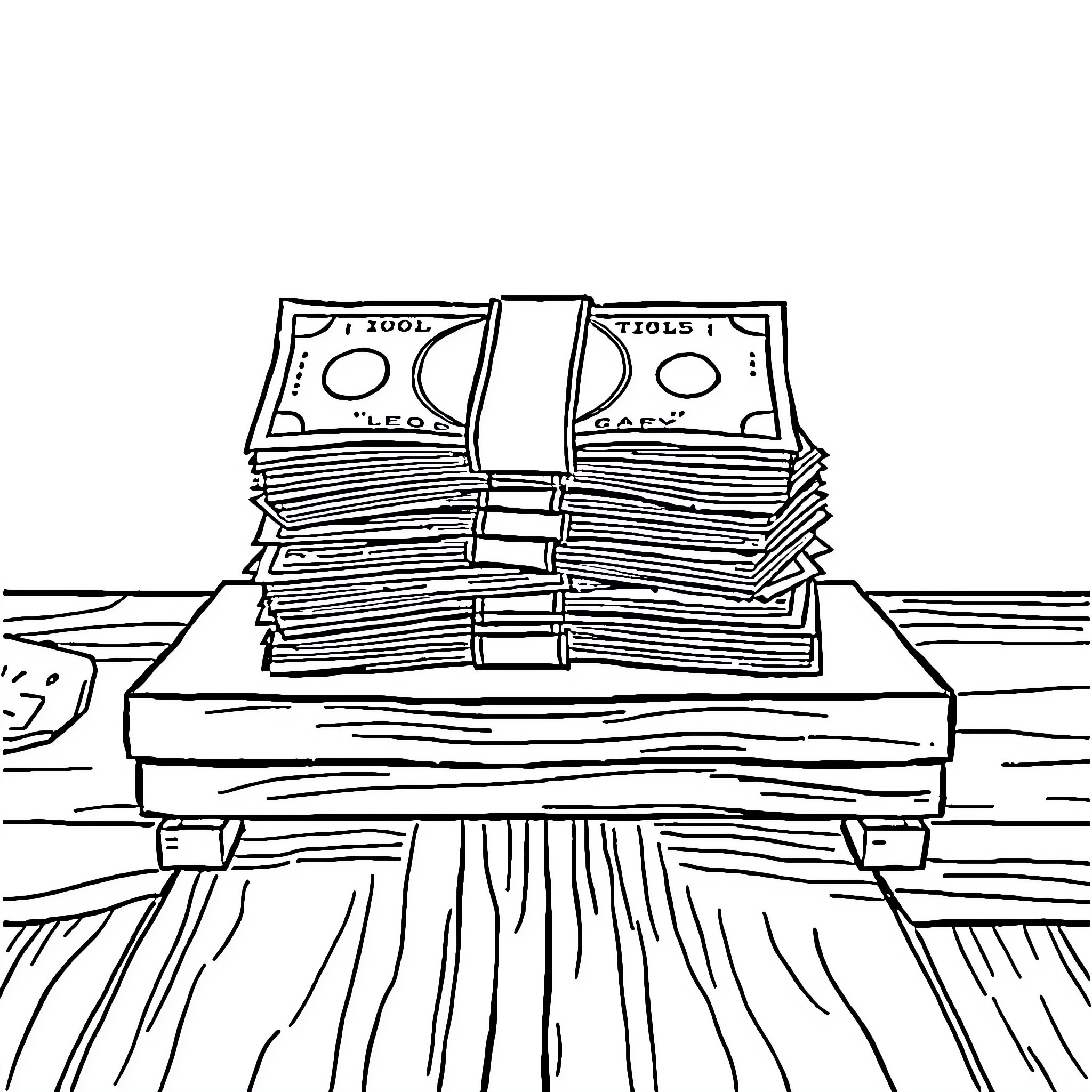 Money Stacks on Wooden Surface Coloring Page (free black-and-white line drawing printable PDF for all, from beginners to advanced learners, including children, teens, adults, and seniors)
