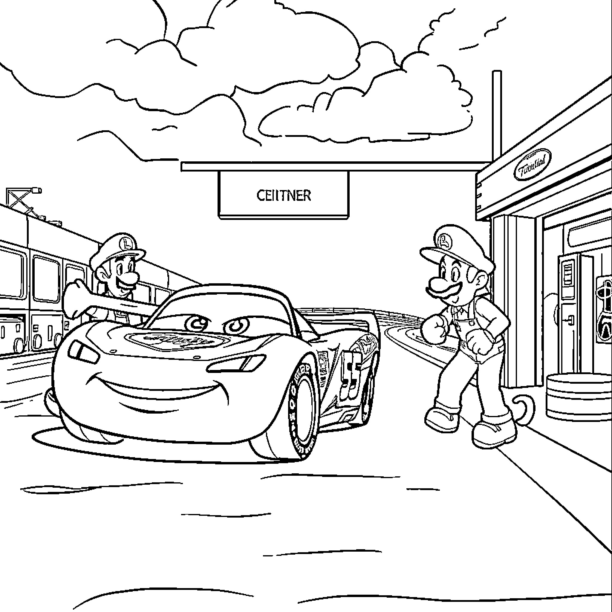 Lightning McQueen racing through a town with Mario Coloring Page (free black-and-white line drawing printable PDF for all, from beginners to advanced learners, including children, teens, adults, and seniors)