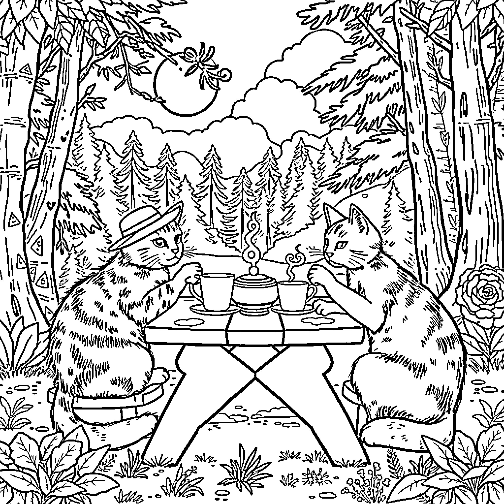 Cats Enjoying a Picnic in the Woods Coloring Page (free black-and-white line drawing printable PDF for all, from beginners to advanced learners, including children, teens, adults, and seniors)