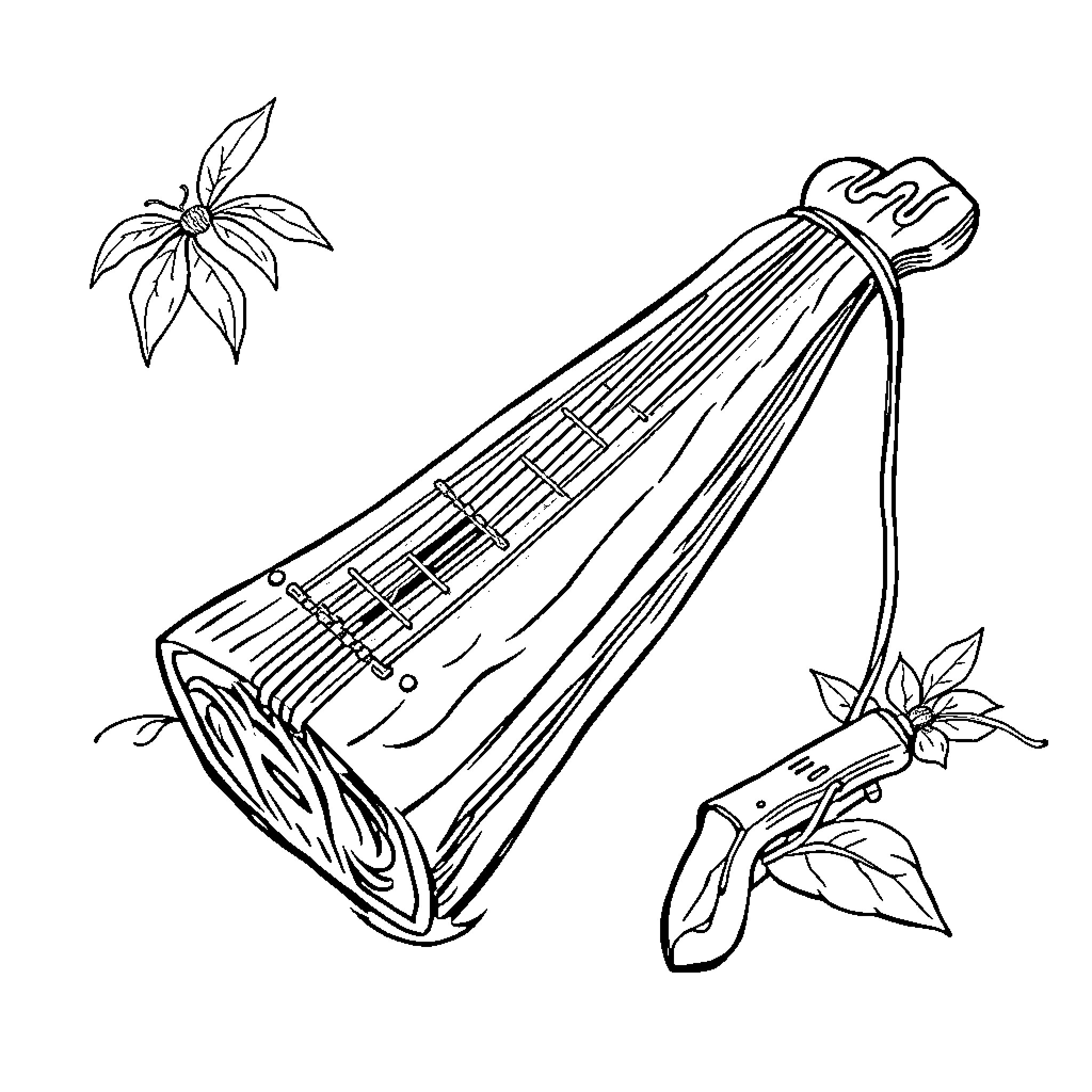 Maloya Instrument Surrounded by Floral Accents Coloring Page (free black-and-white line drawing printable PDF for all, from beginners to advanced learners, including children, teens, adults, and seniors)