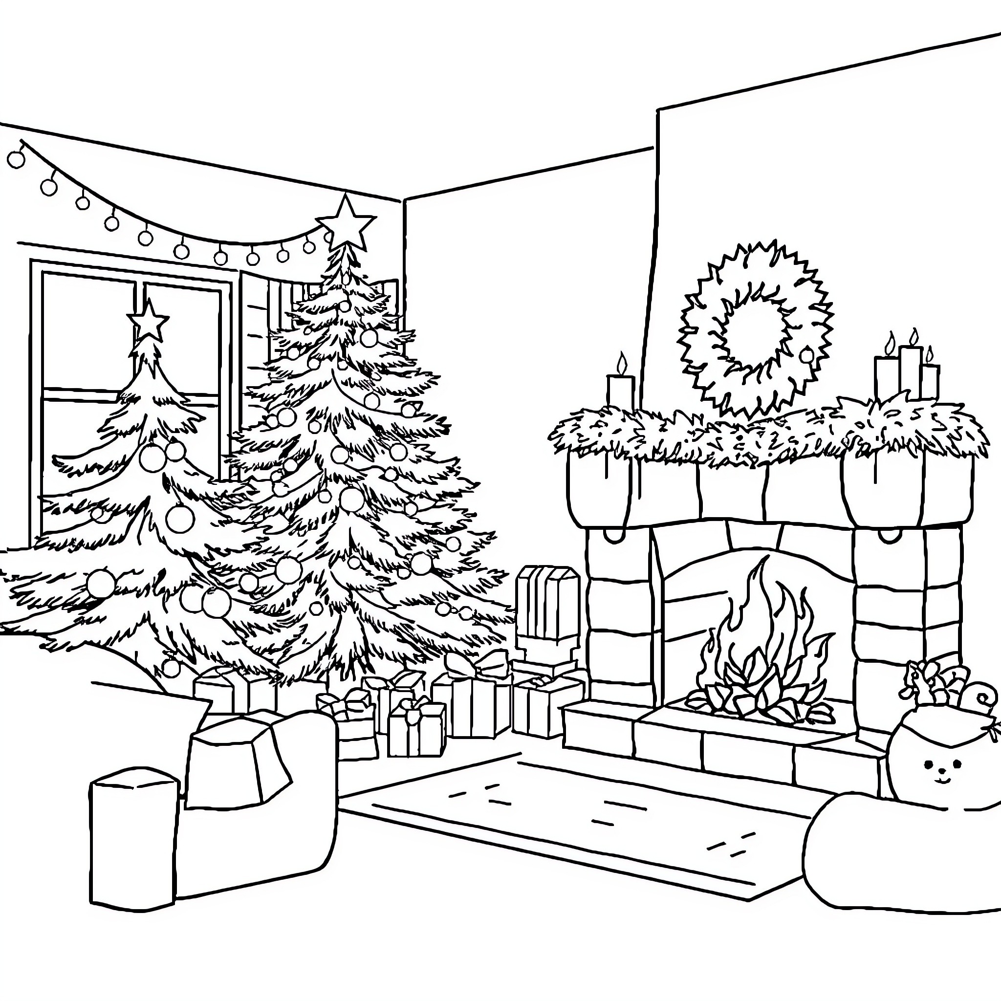 Winter cozy fireplace scene with festive decor Coloring Page (free black-and-white line drawing printable PDF for all, from beginners to advanced learners, including children, teens, adults, and seniors)