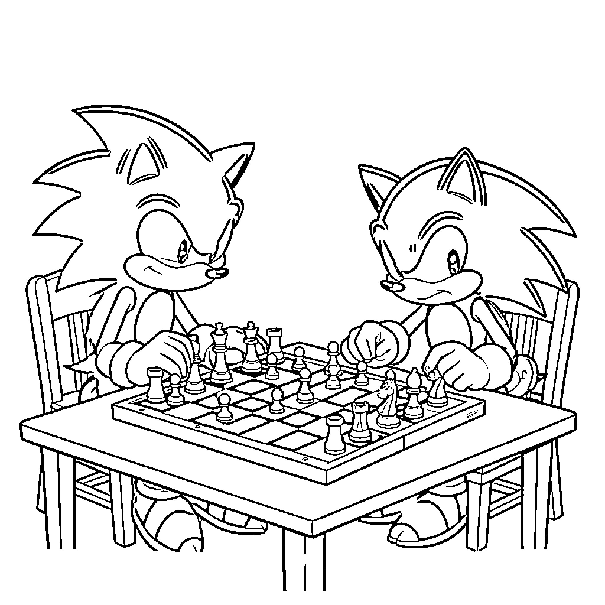 Shadow and Sonic playing a strategic game of chess Coloring Page (free black-and-white line drawing printable PDF for all, from beginners to advanced learners, including children, teens, adults, and seniors)