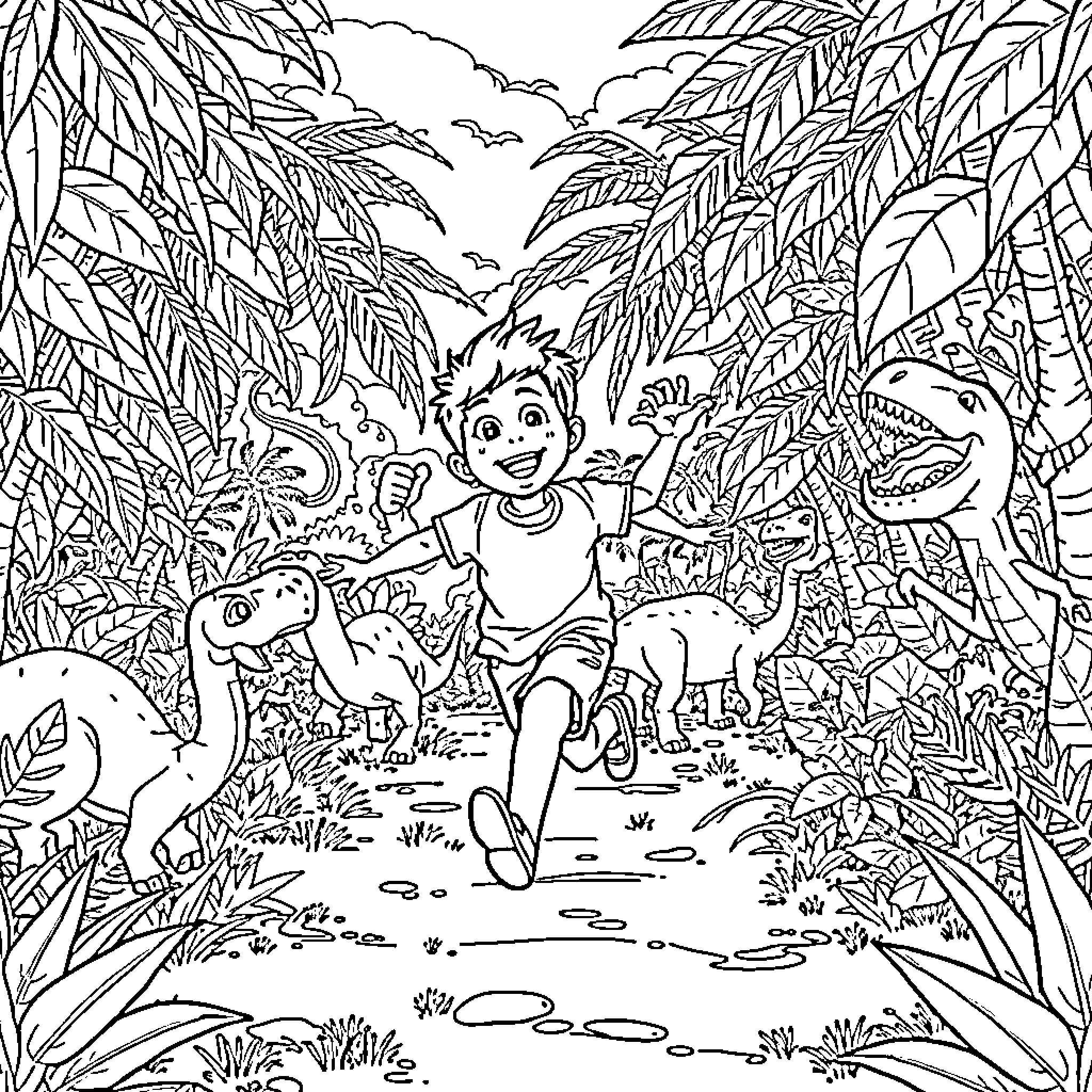 Boy plays happily with dinosaurs in the jungle Coloring Page (free black-and-white line drawing printable PDF for all, from beginners to advanced learners, including children, teens, adults, and seniors)