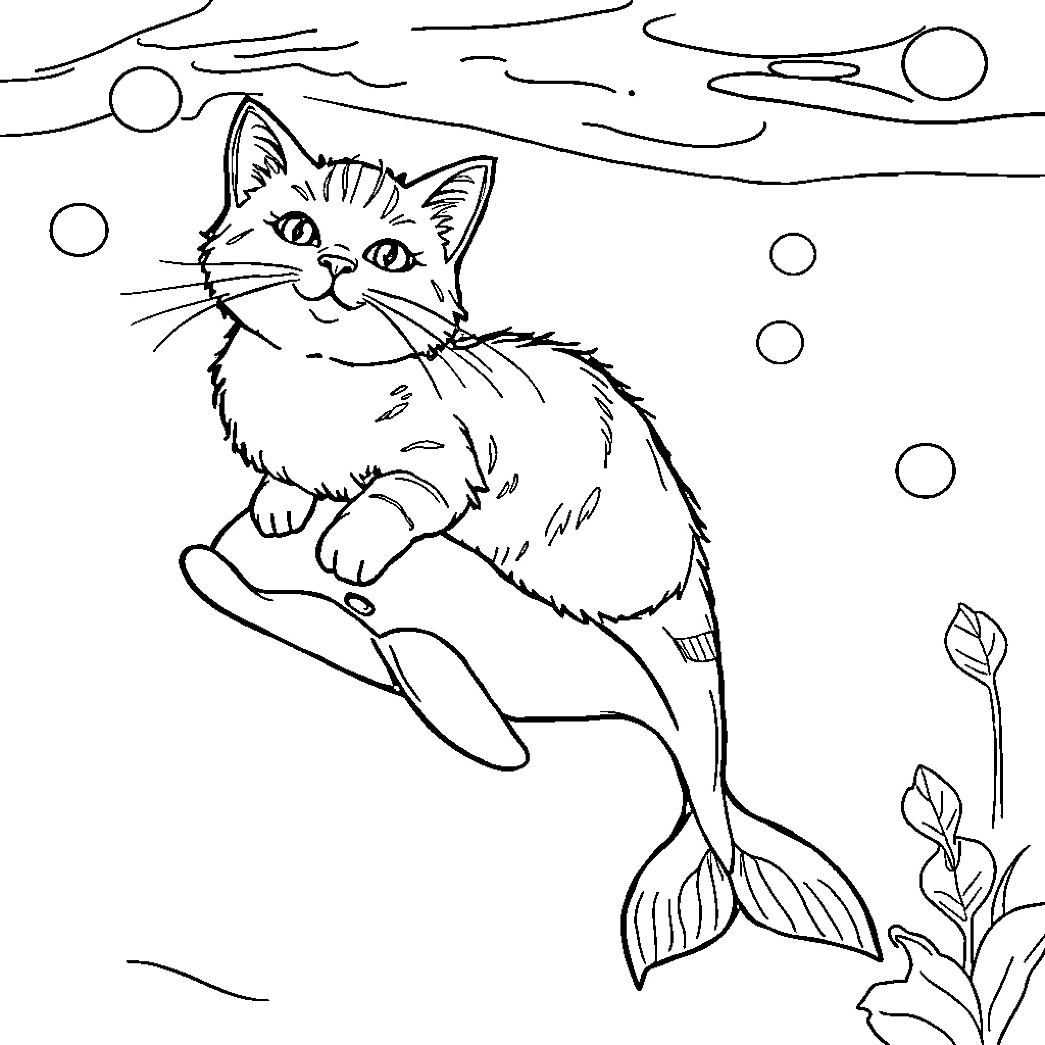 Cat as a mermaid swimming in the sea Coloring Page (free black-and-white line drawing printable PDF for all, from beginners to advanced learners, including children, teens, adults, and seniors)