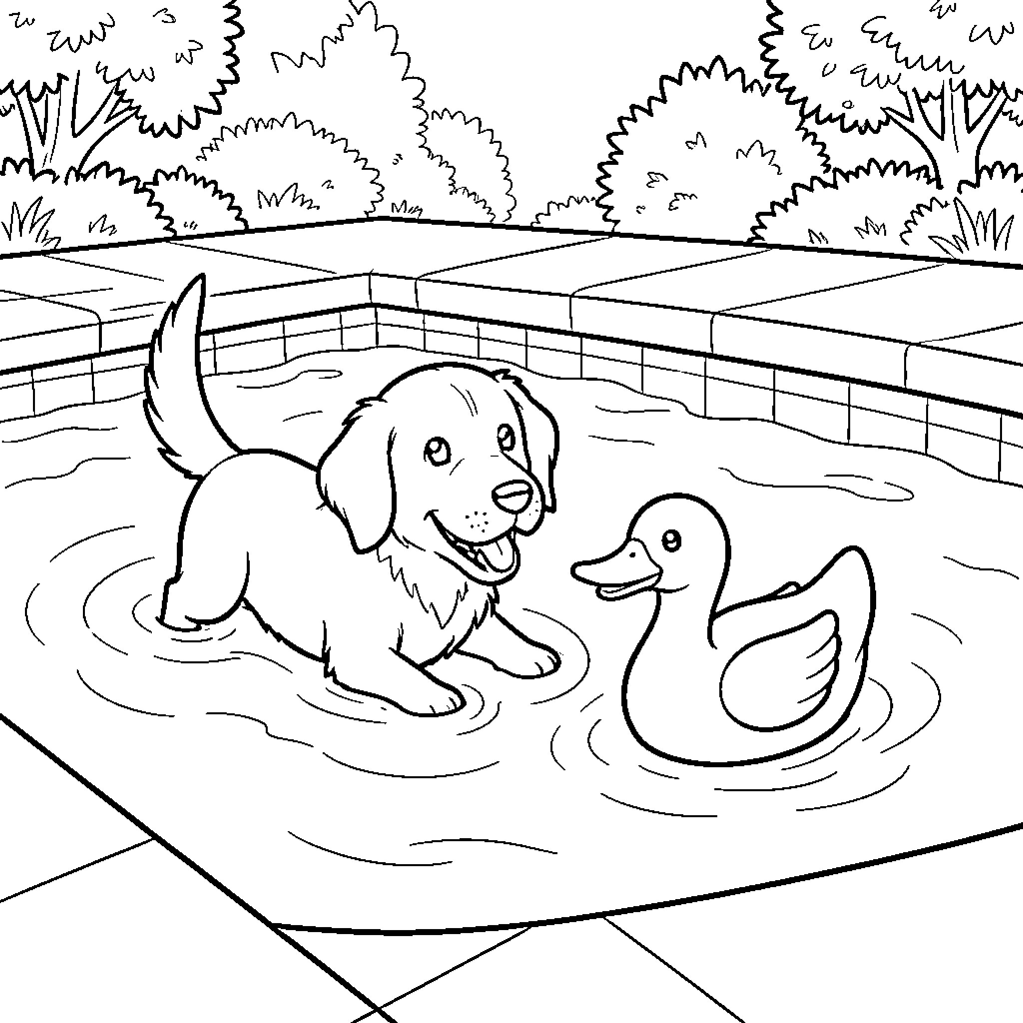 Perro playing happily in a pool with a duck Coloring Page (free black-and-white line drawing printable PDF for all, from beginners to advanced learners, including children, teens, adults, and seniors)