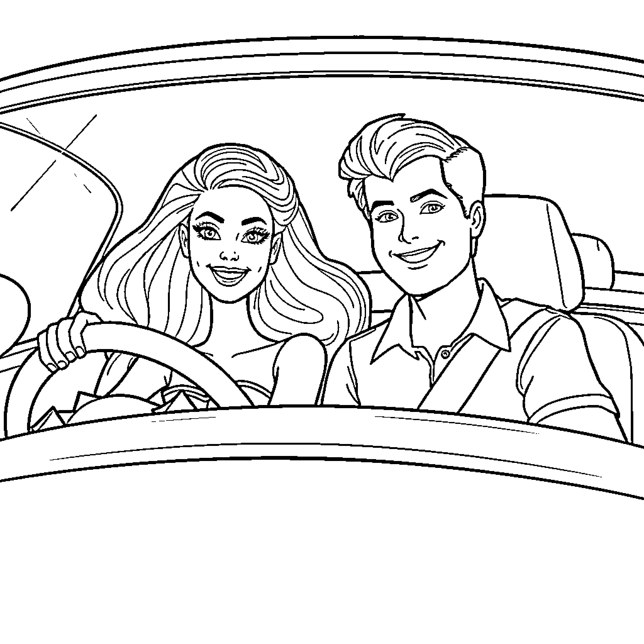 Barbie and Ken enjoying a joyful road trip Coloring Page (free black-and-white line drawing printable PDF for all, from beginners to advanced learners, including children, teens, adults, and seniors)