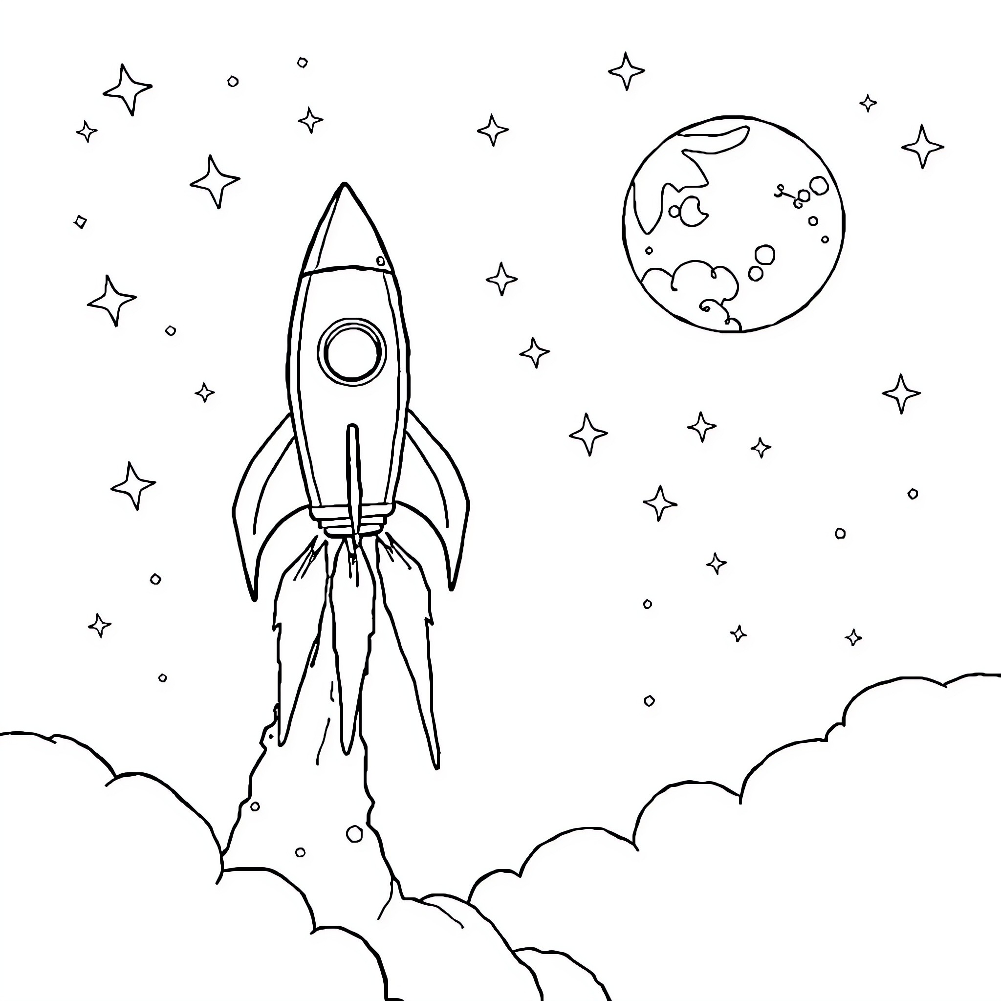 Rocket Launching into Starry Space Coloring Page (free black-and-white line drawing printable PDF for all, from beginners to advanced learners, including children, teens, adults, and seniors)