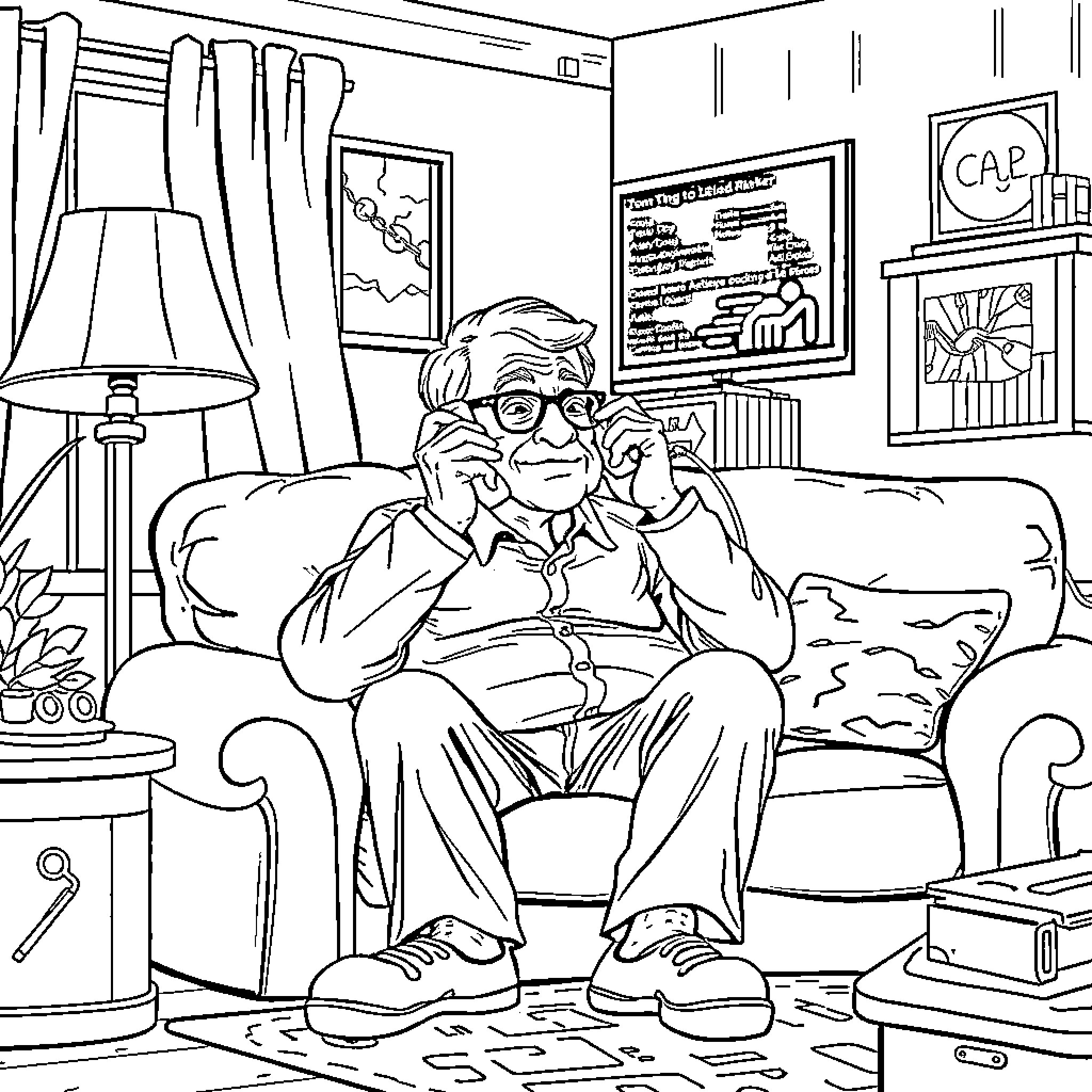 Grandpa relaxing comfortably in his living room Coloring Page (free black-and-white line drawing printable PDF for all, from beginners to advanced learners, including children, teens, adults, and seniors)