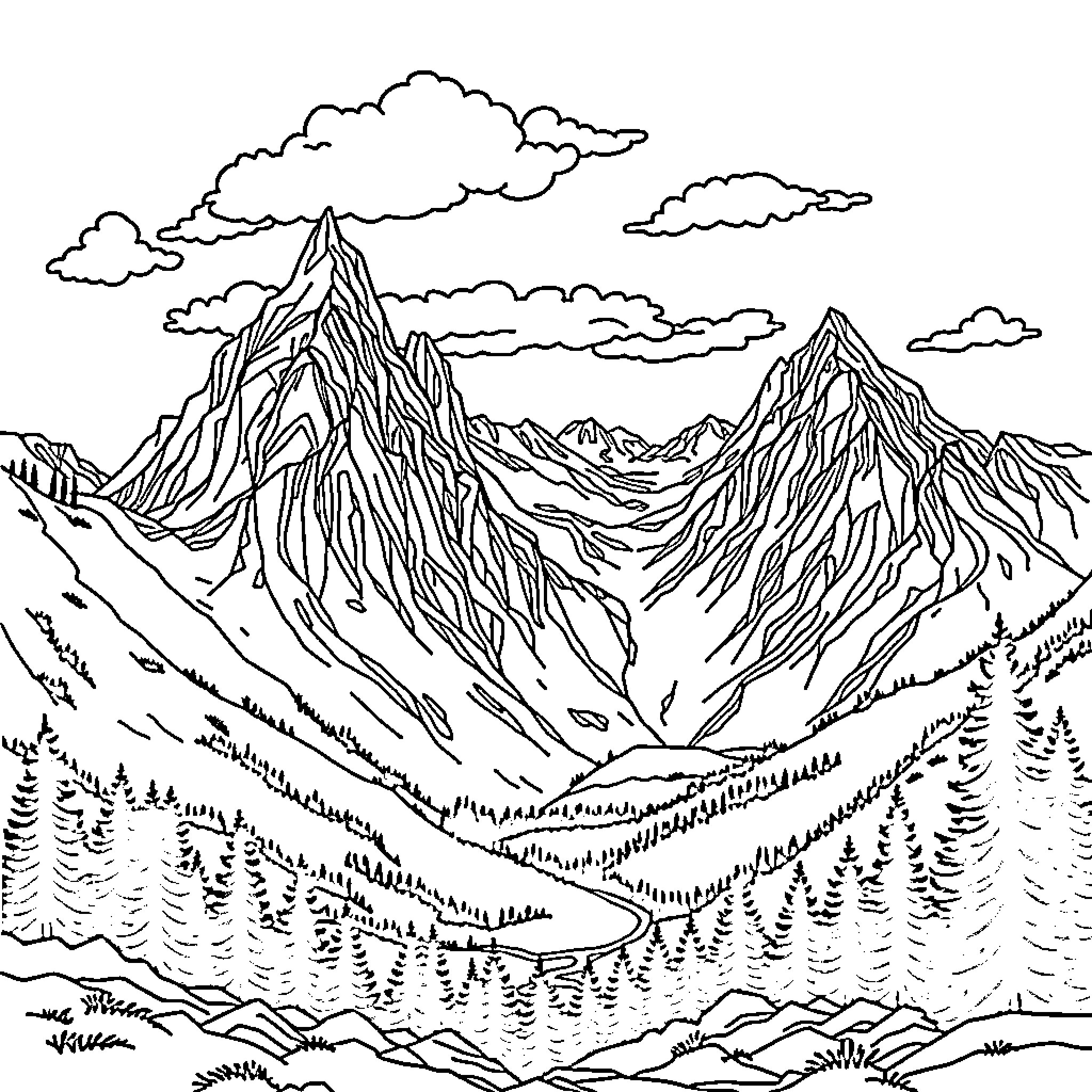 Mountain peaks and valleys under cloudy sky Coloring Page (free black-and-white line drawing printable PDF for all, from beginners to advanced learners, including children, teens, adults, and seniors)