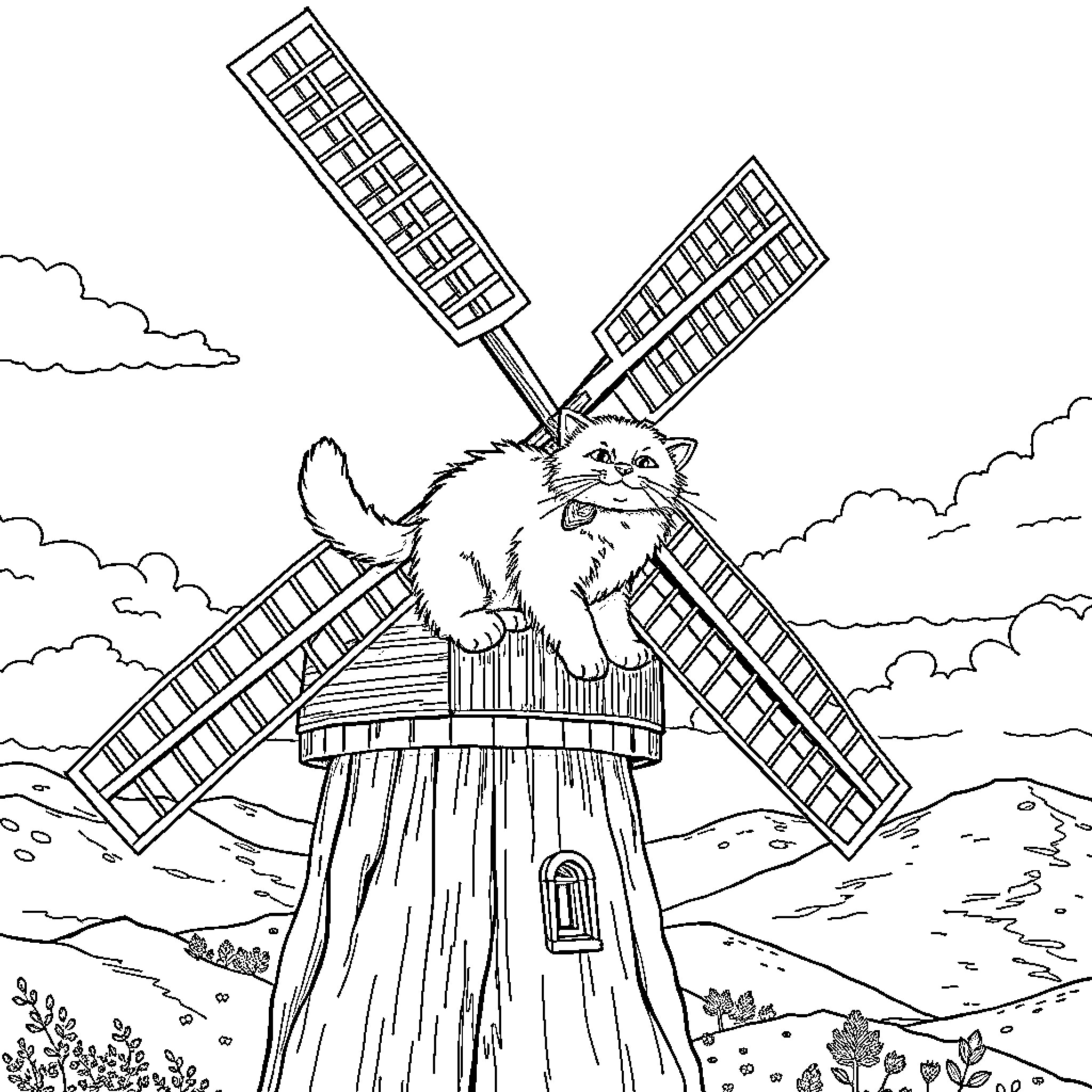 Cat atop a windmill in a rustic countryside Coloring Page (free black-and-white line drawing printable PDF for all, from beginners to advanced learners, including children, teens, adults, and seniors)