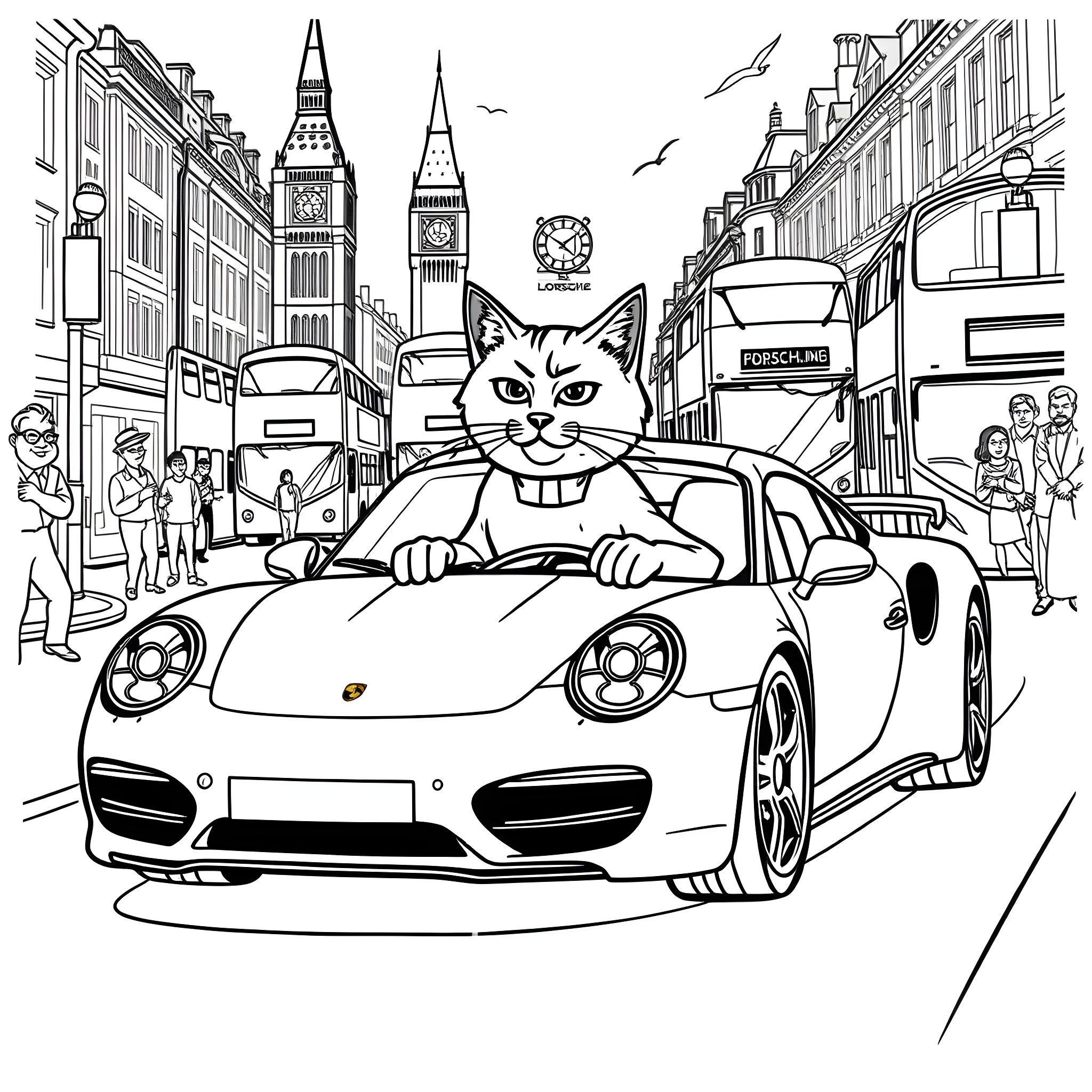 Topcat driving a sports car in the city Coloring Page (free black-and-white line drawing printable PDF for all, from beginners to advanced learners, including children, teens, adults, and seniors)