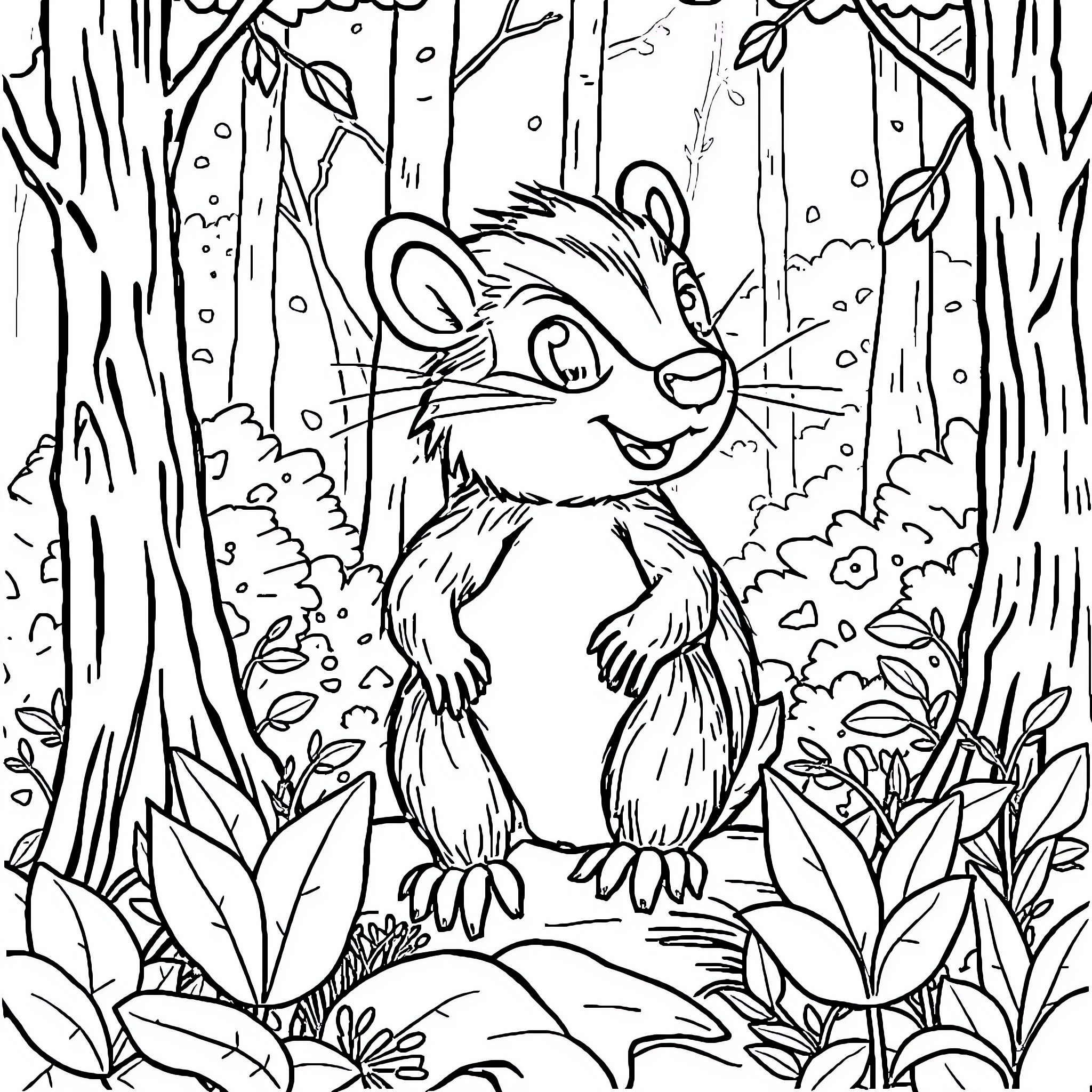 Agouti exploring the enchanted forest Coloring Page (free black-and-white line drawing printable PDF for all, from beginners to advanced learners, including children, teens, adults, and seniors)