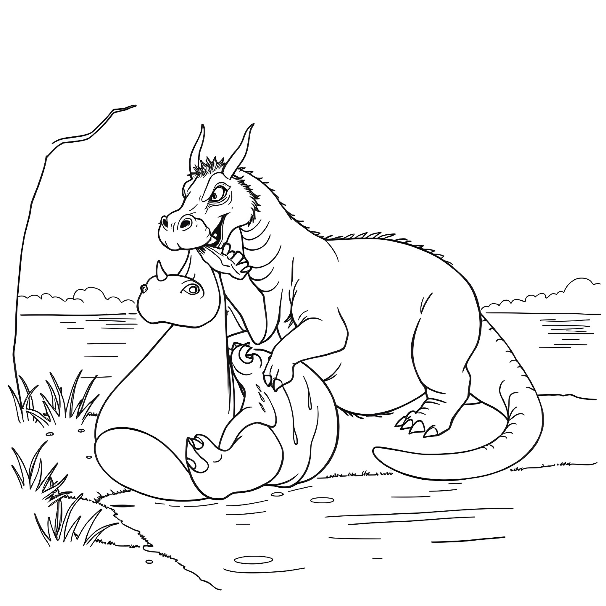 Wyvern dragons fighting in the wild Coloring Page (free black-and-white line drawing printable PDF for all, from beginners to advanced learners, including children, teens, adults, and seniors)