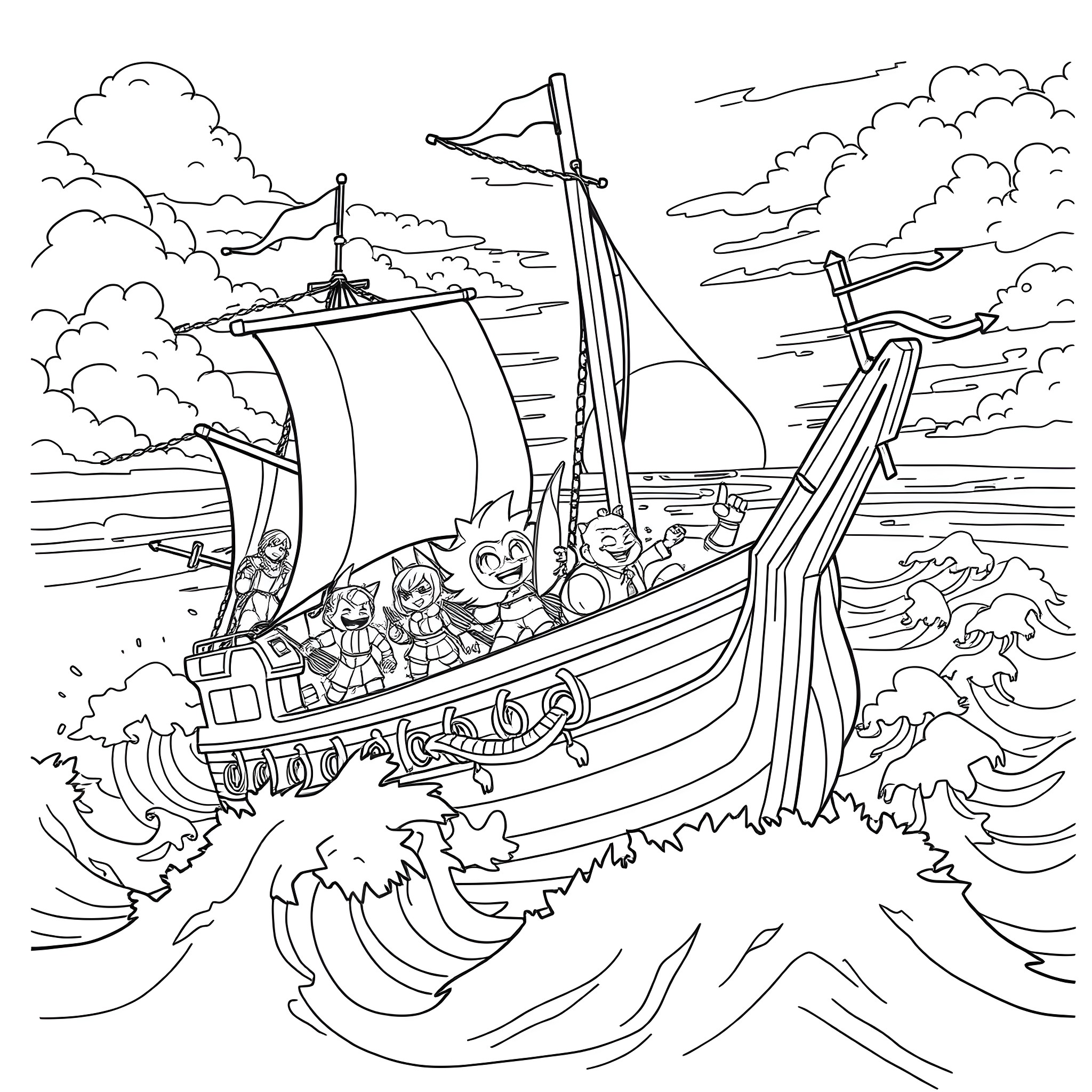 Blox Fruits Pirate Ship Adventure Coloring Page (free black-and-white line drawing printable PDF for all, from beginners to advanced learners, including children, teens, adults, and seniors)