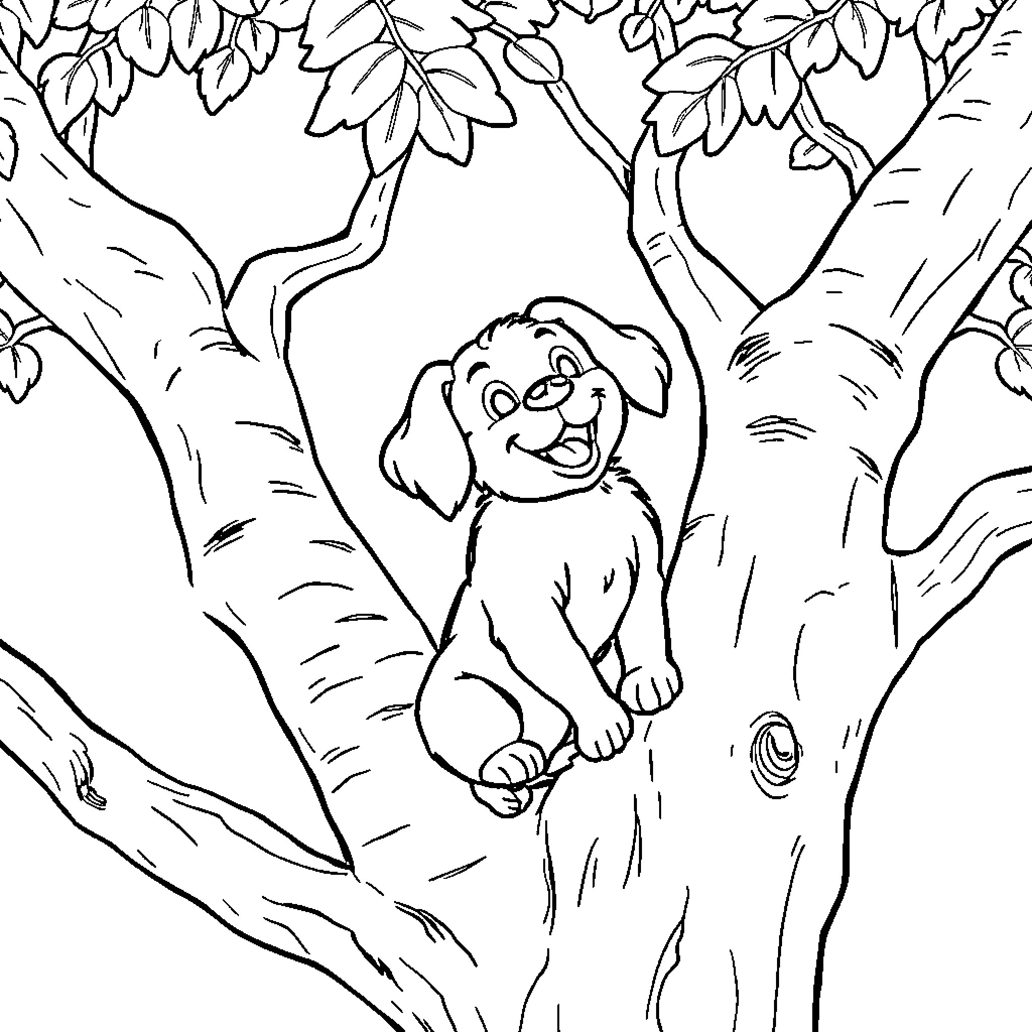 Dog exploring in the forest Coloring Page (free black-and-white line drawing printable PDF for all, from beginners to advanced learners, including children, teens, adults, and seniors)