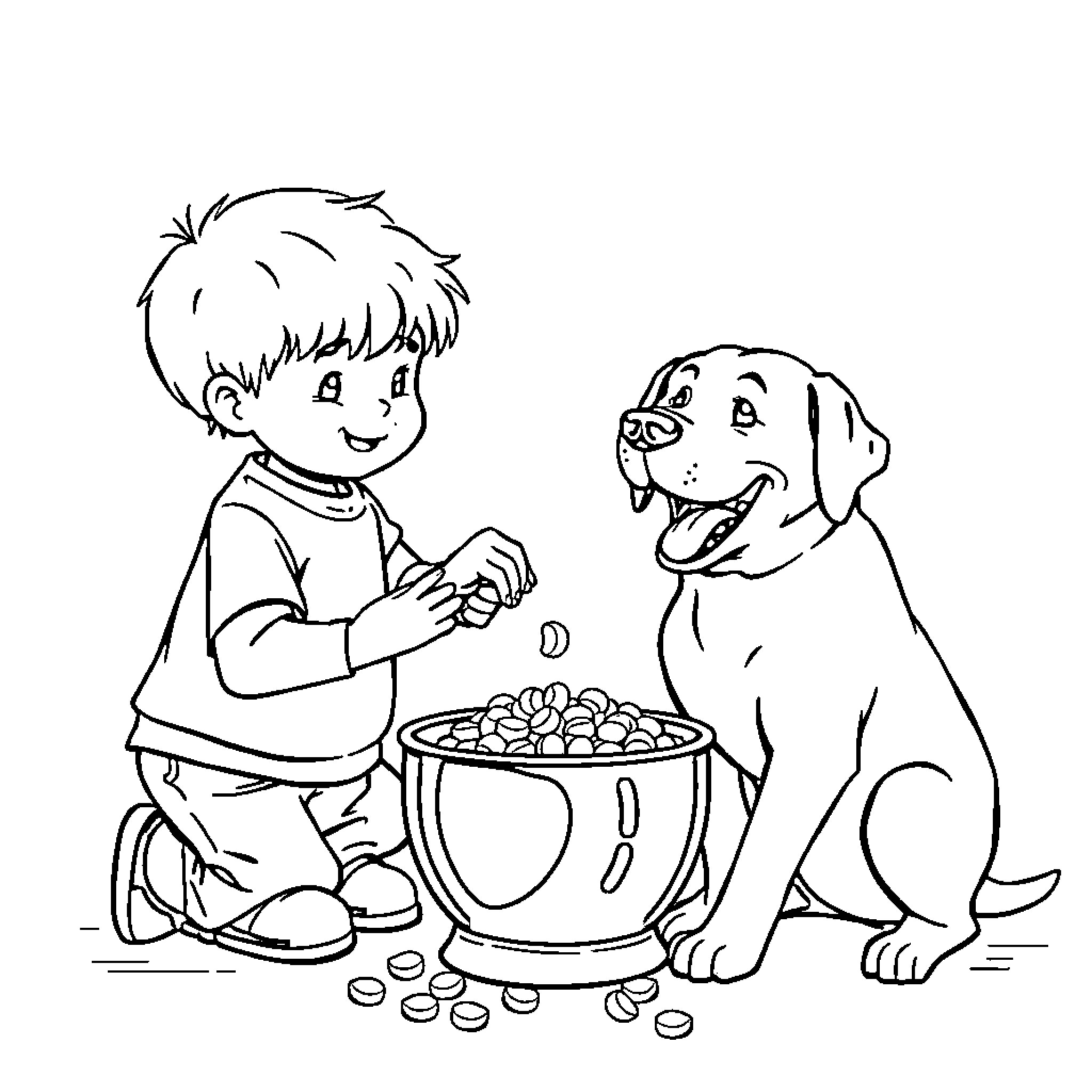 Labrador and Boy Sharing Treats Happily Coloring Page (free black-and-white line drawing printable PDF for all, from beginners to advanced learners, including children, teens, adults, and seniors)