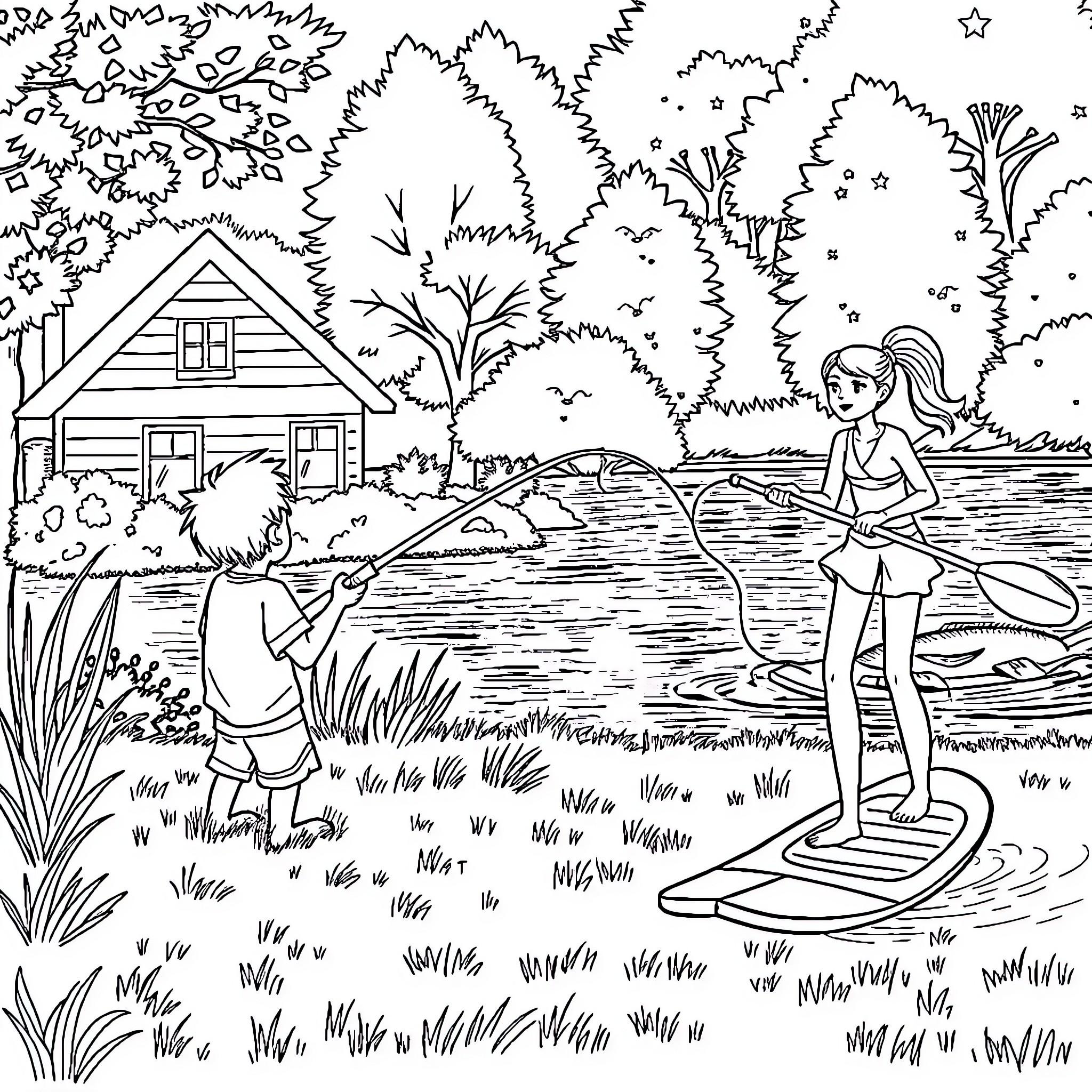 Father and daughter fishing by the lake Coloring Page (free black-and-white line drawing printable PDF for all, from beginners to advanced learners, including children, teens, adults, and seniors)