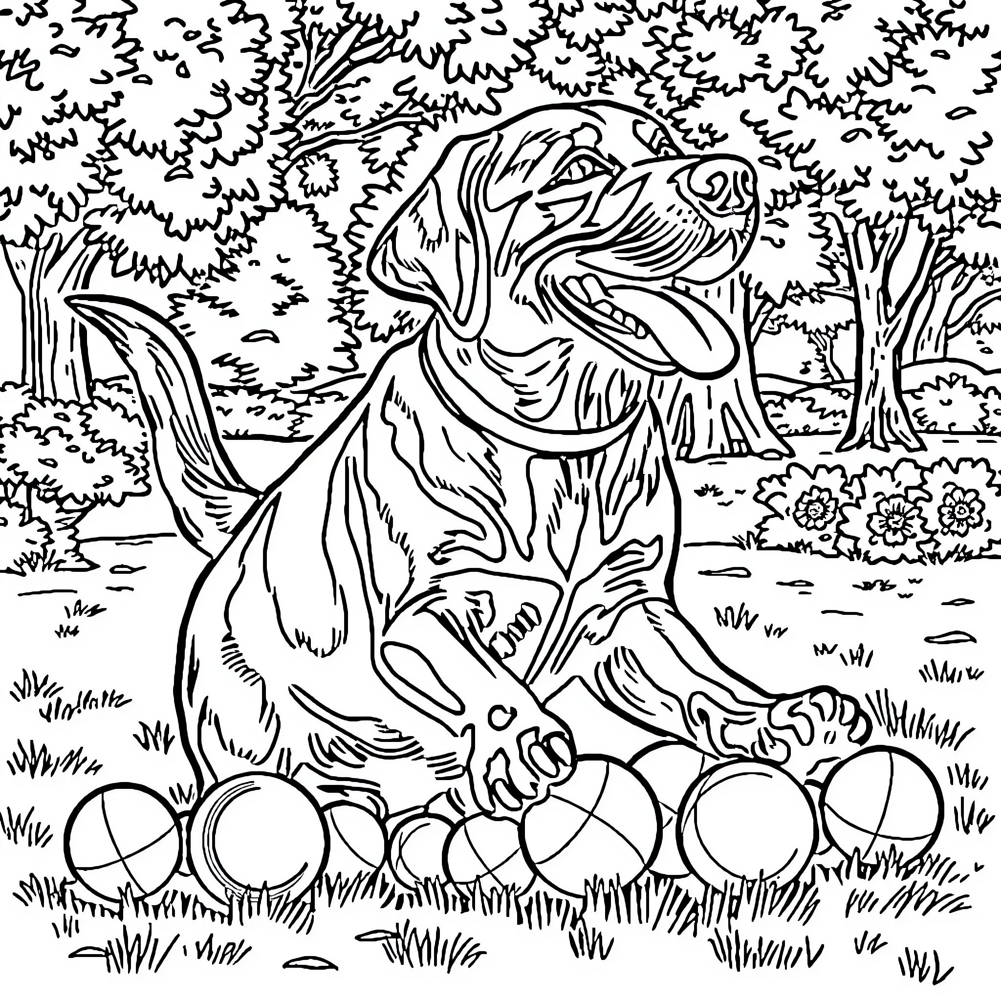 Labrador exploring nature's wonders Coloring Page (free black-and-white line drawing printable PDF for all, from beginners to advanced learners, including children, teens, adults, and seniors)