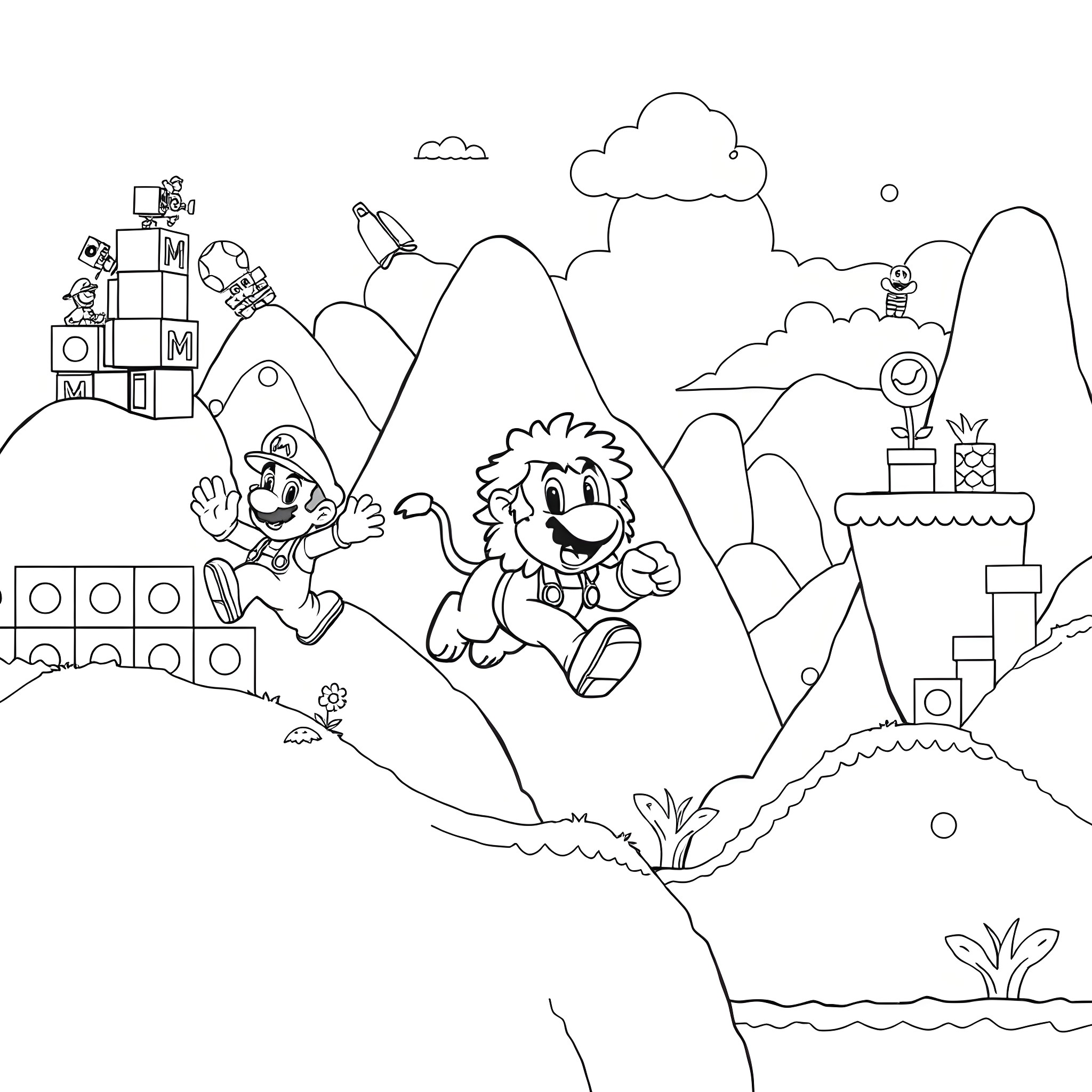 Lion and his animal friends in a whimsical landscape Coloring Page (free black-and-white line drawing printable PDF for all, from beginners to advanced learners, including children, teens, adults, and seniors)
